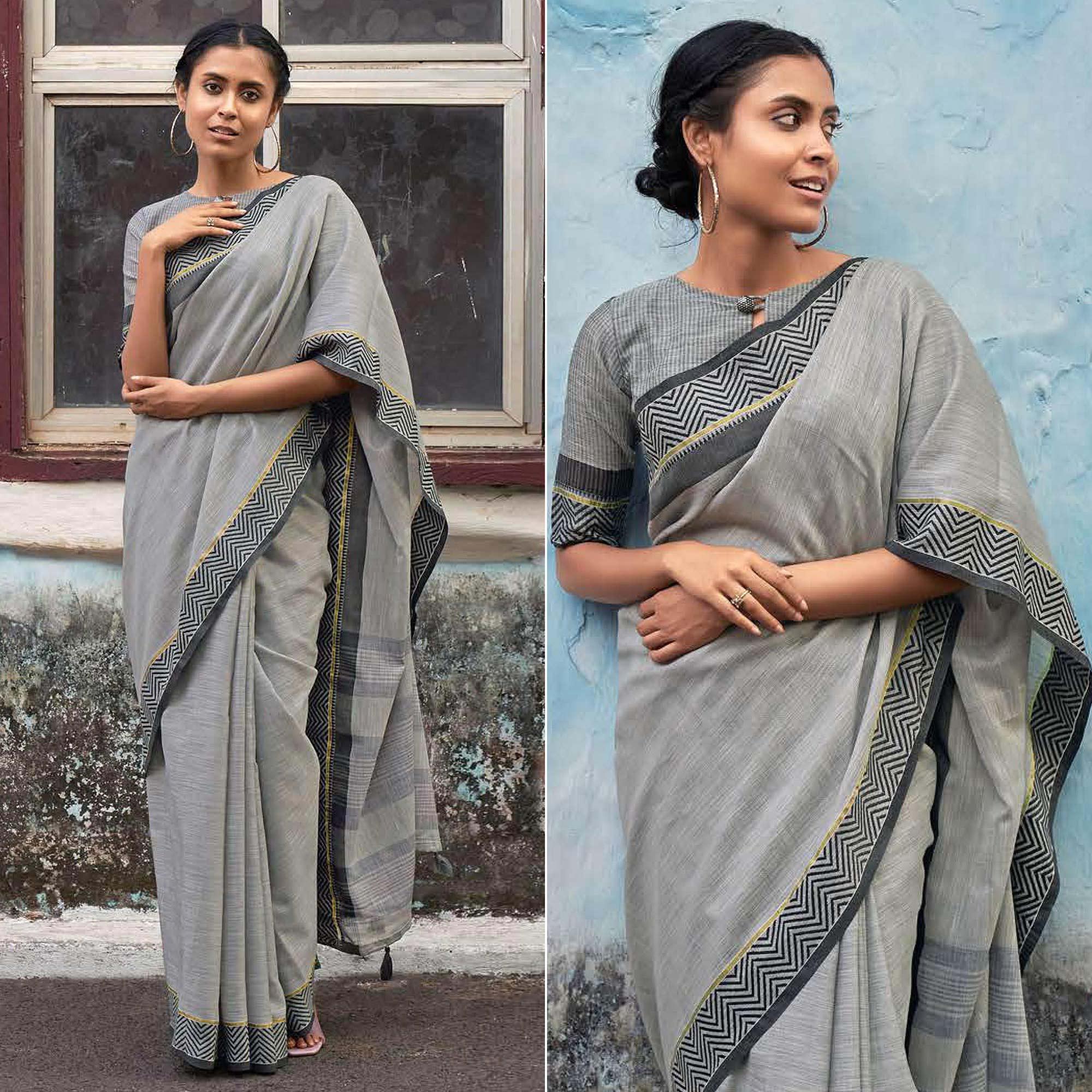 Grey Casual Wear Solid Linen Saree - Peachmode