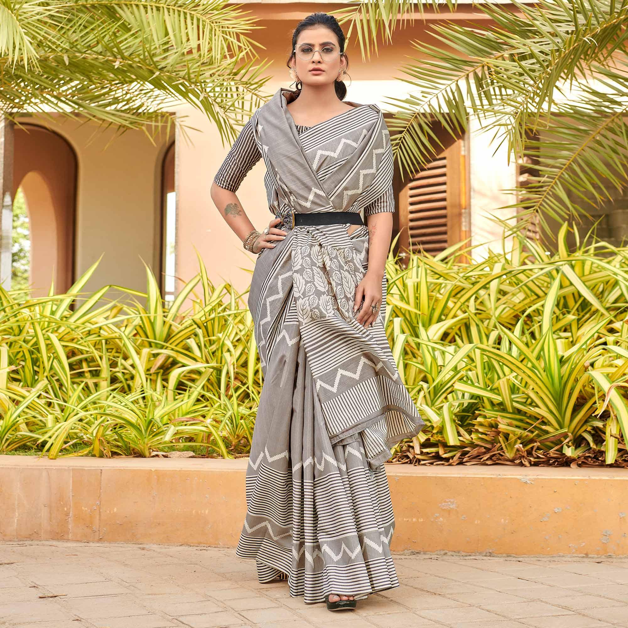 Grey Casual Wear Striped Printed Bhagalpuri Silk Saree - Peachmode