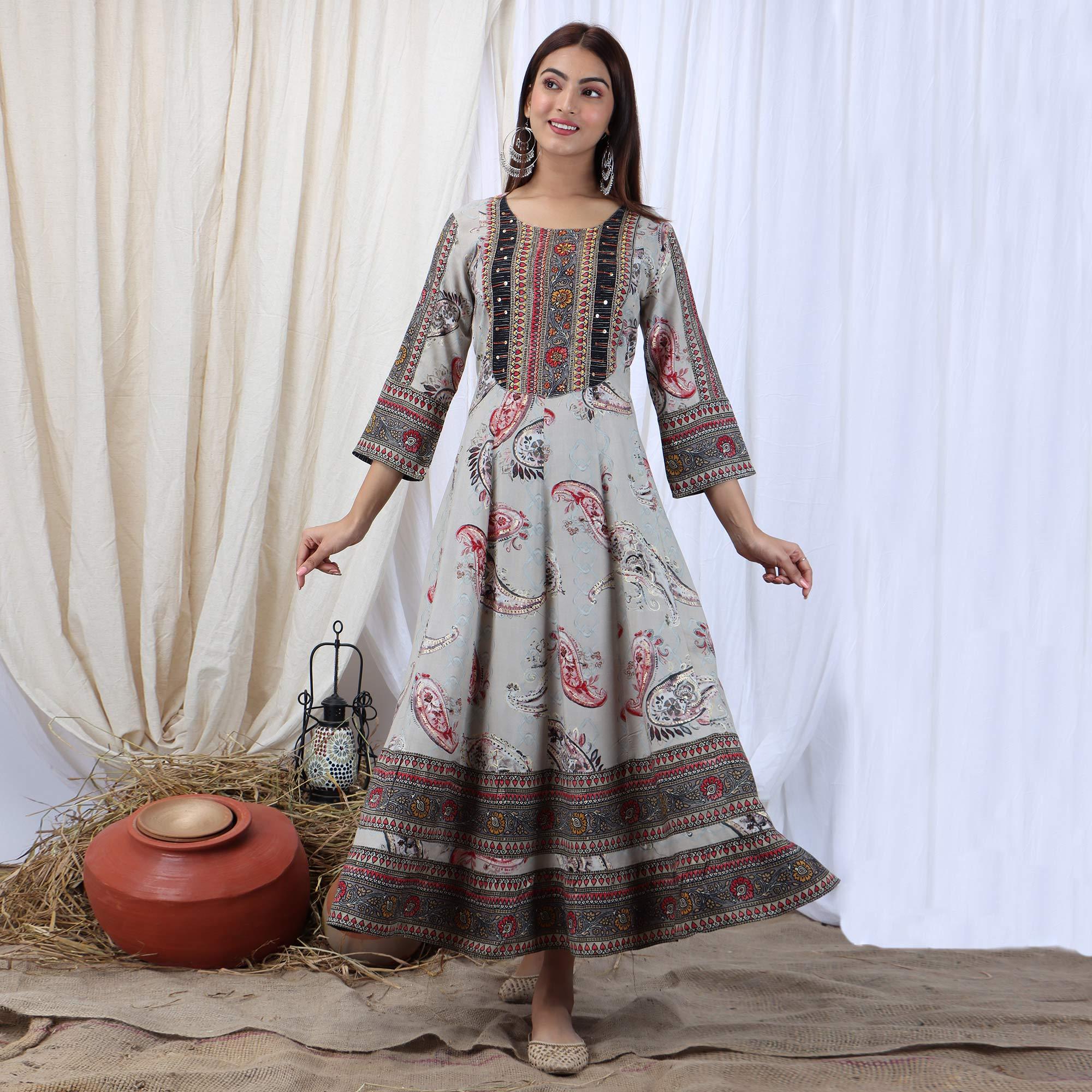 Grey Casual Wear Stripes Printed Rayon Long Kurti - Peachmode