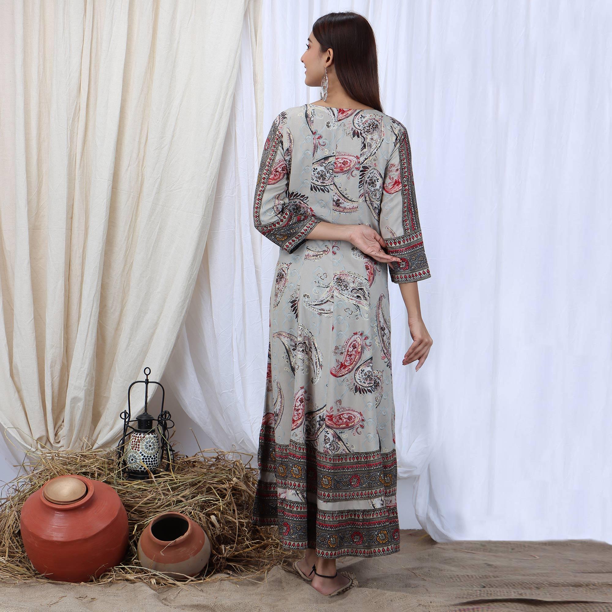 Grey Casual Wear Stripes Printed Rayon Long Kurti - Peachmode