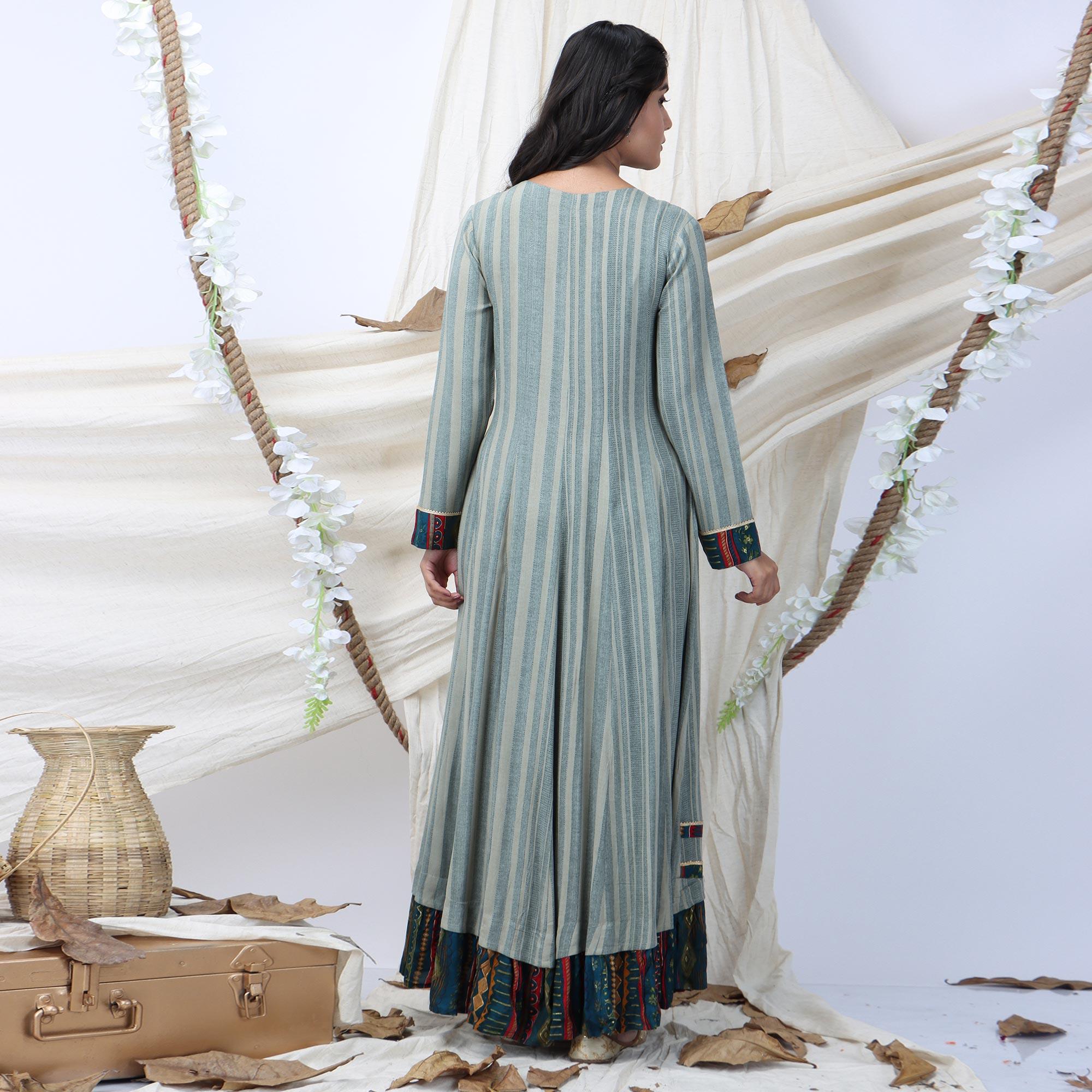 Grey Casual Wear Stripes Printed Rayon Long Kurti - Peachmode
