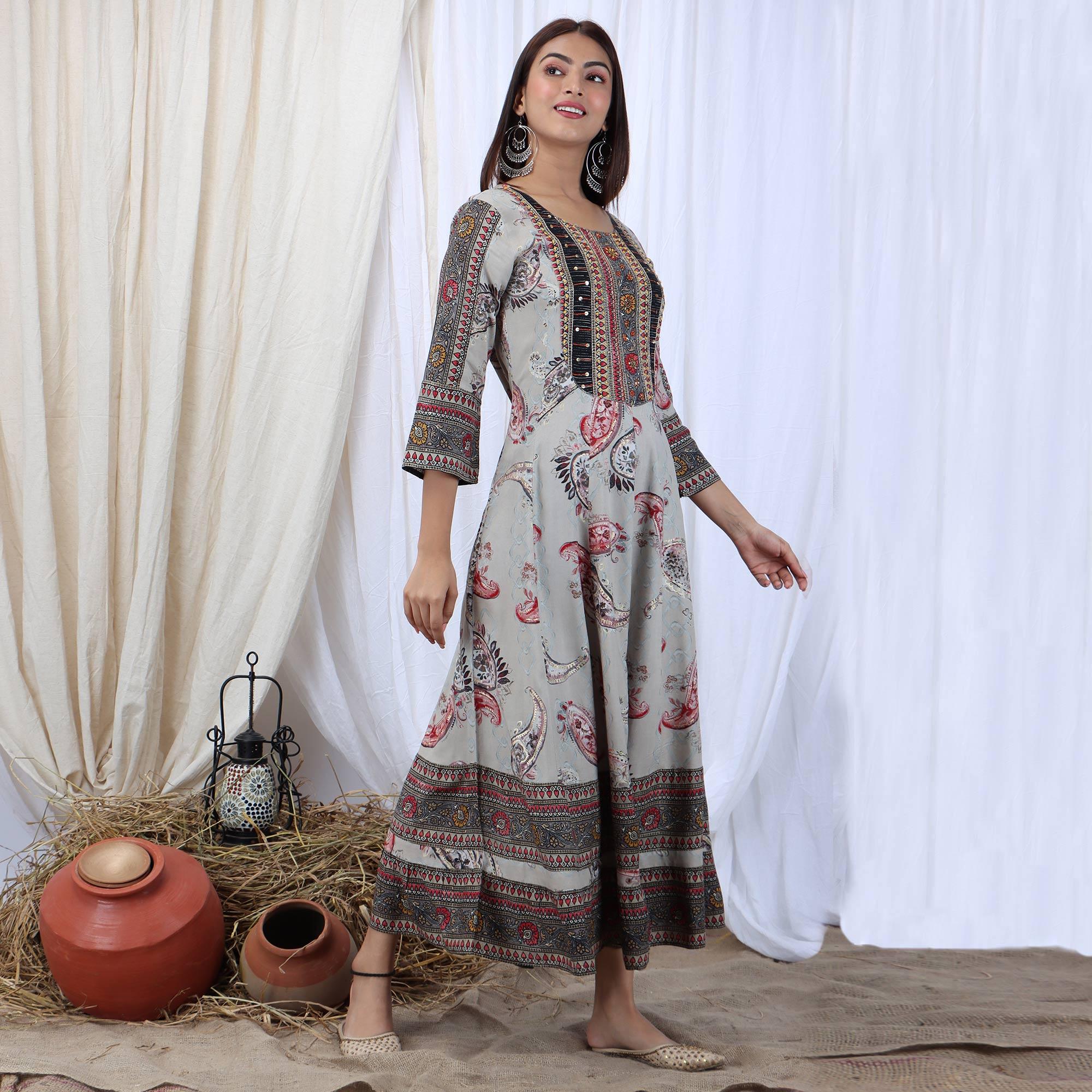 Grey Casual Wear Stripes Printed Rayon Long Kurti - Peachmode