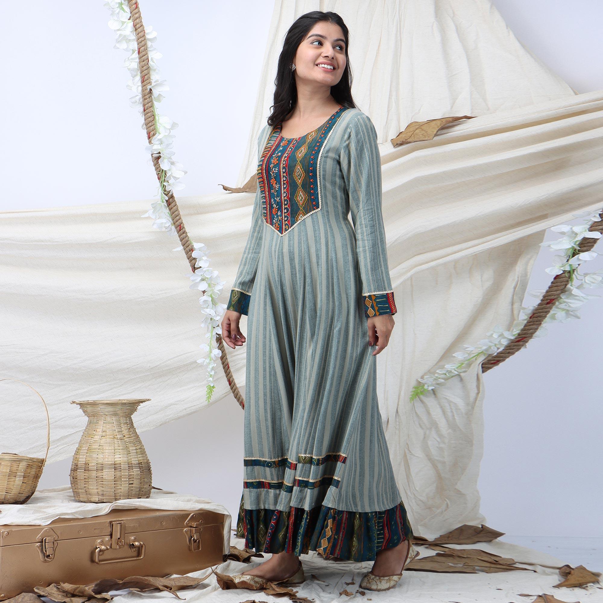 Grey Casual Wear Stripes Printed Rayon Long Kurti - Peachmode