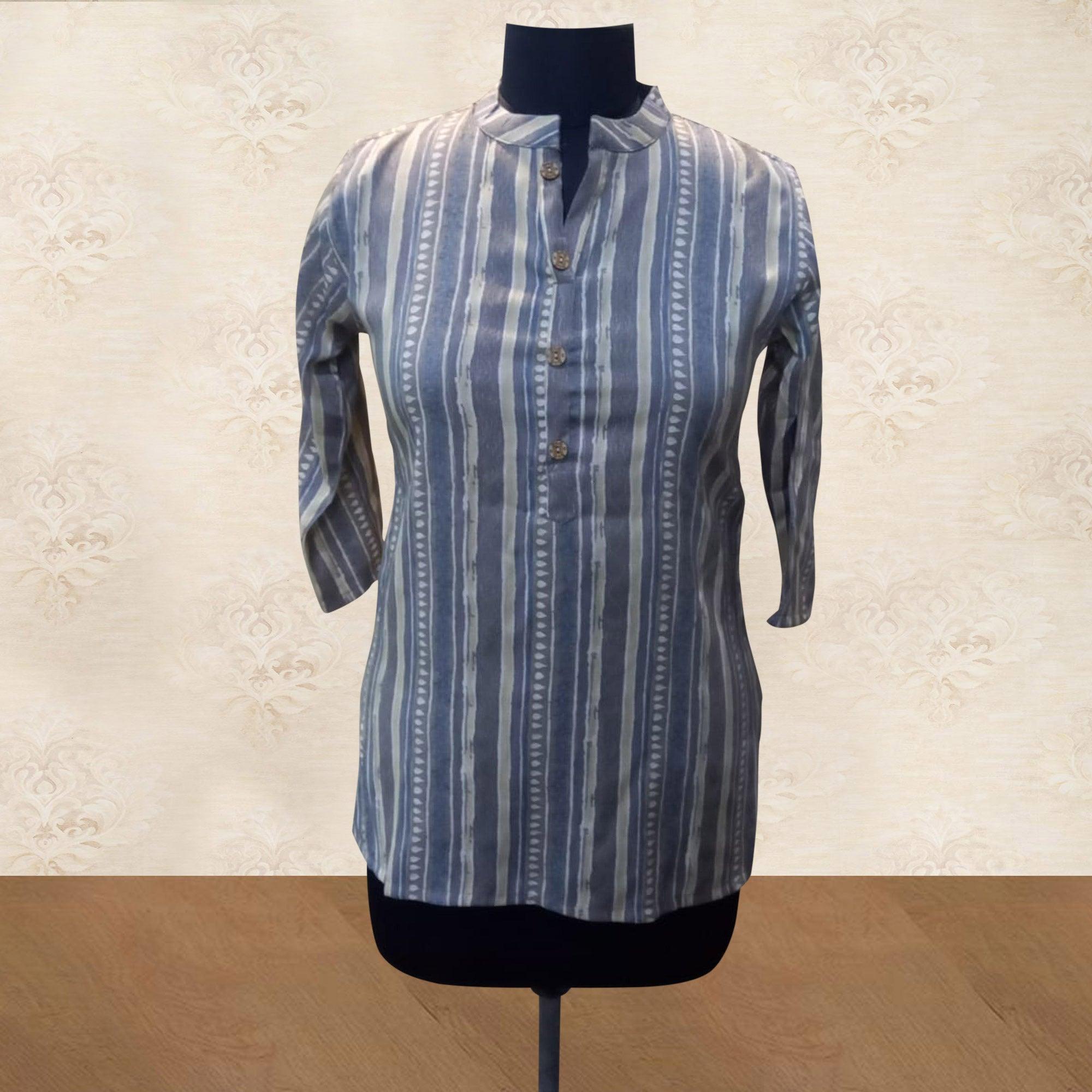 Grey Casual Wear Stripes Printed Rayon Top - Peachmode