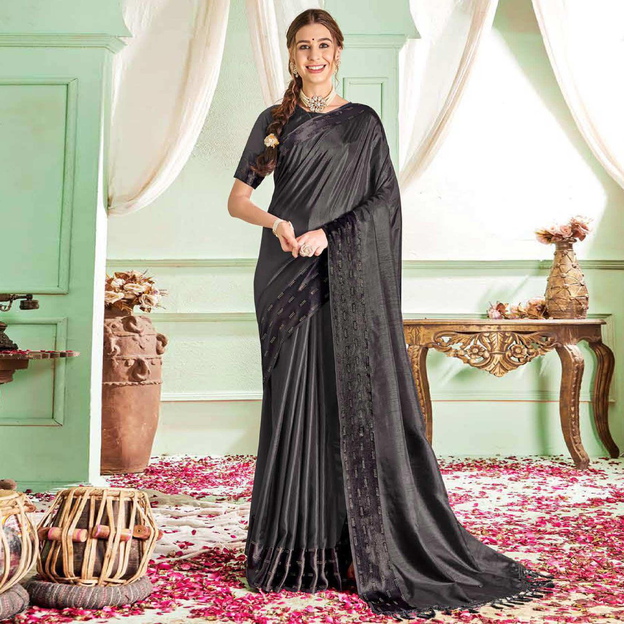 Grey Casual Wear Sworski Work Dola Silk Saree - Peachmode