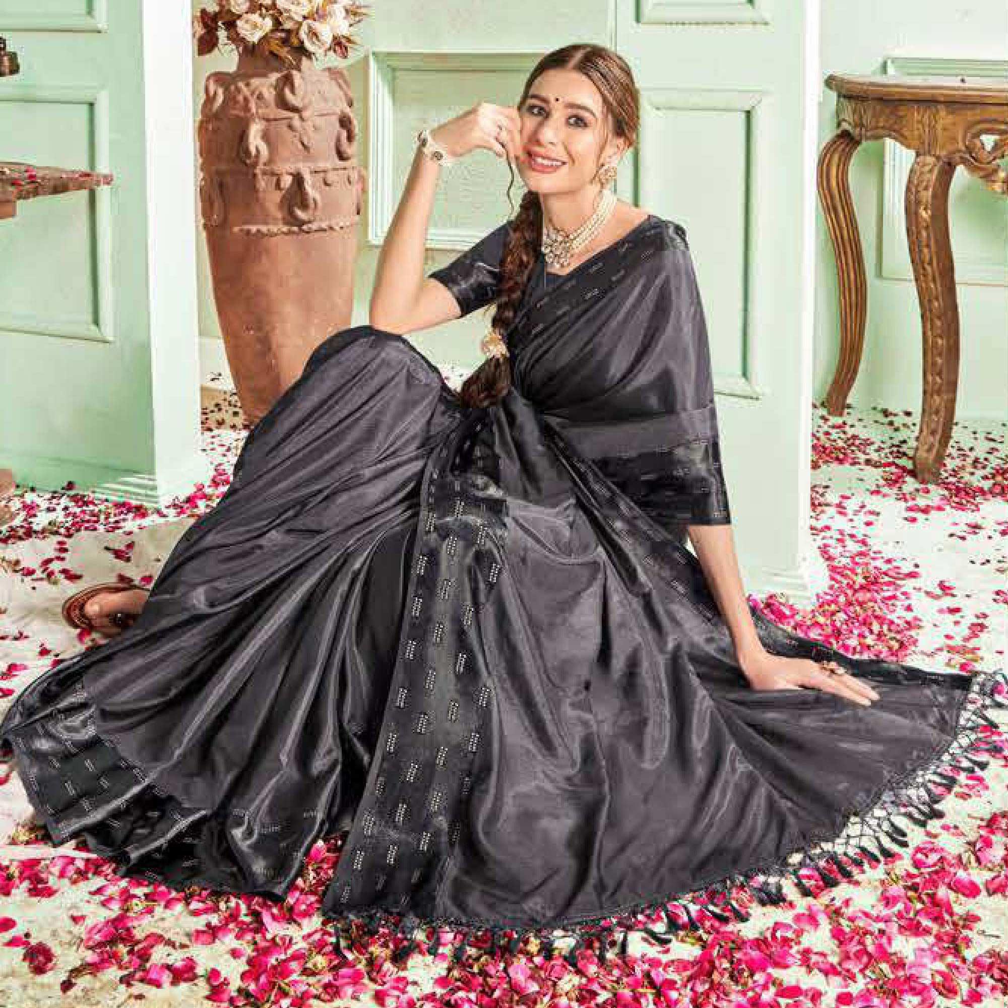 Grey Casual Wear Sworski Work Dola Silk Saree - Peachmode