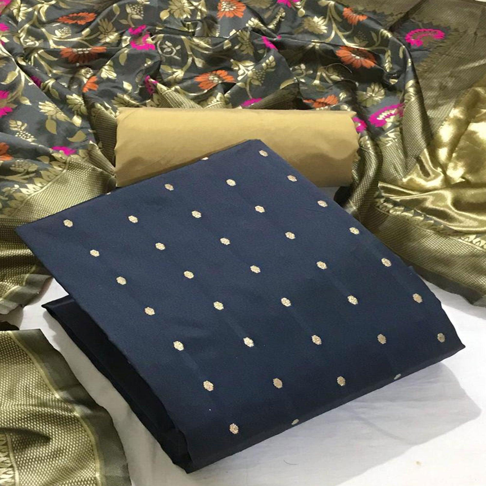 Grey Casual Wear Woven Banarasi Silk Dress Material - Peachmode