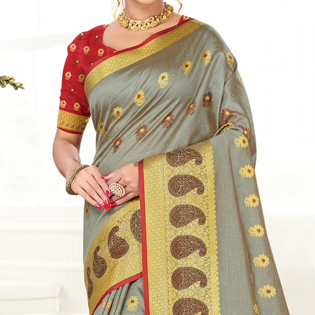 Grey Casual Wear Woven Cotton Handloom Saree - Peachmode