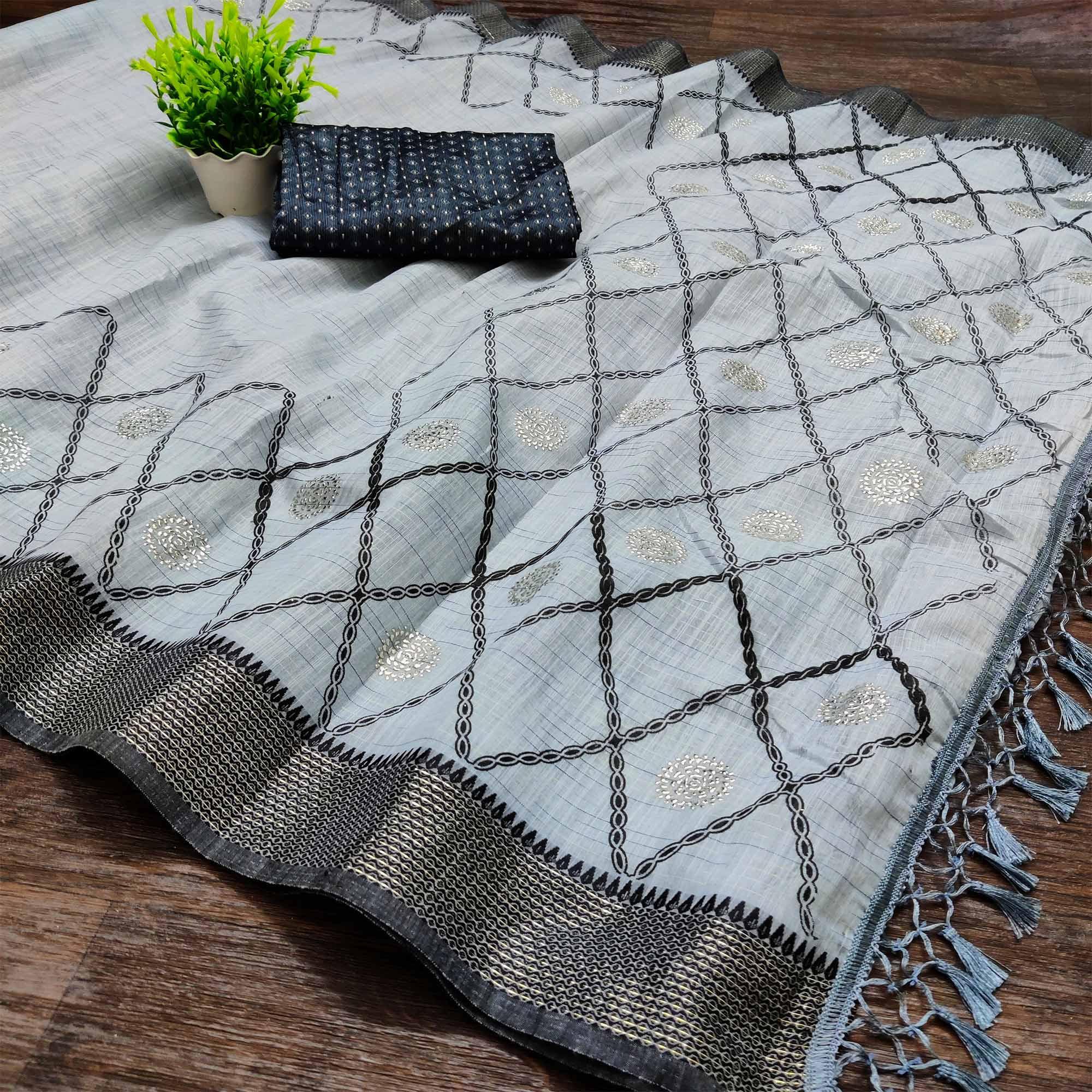 Grey Casual Wear Woven Cotton Saree With Mukaish Work - Peachmode