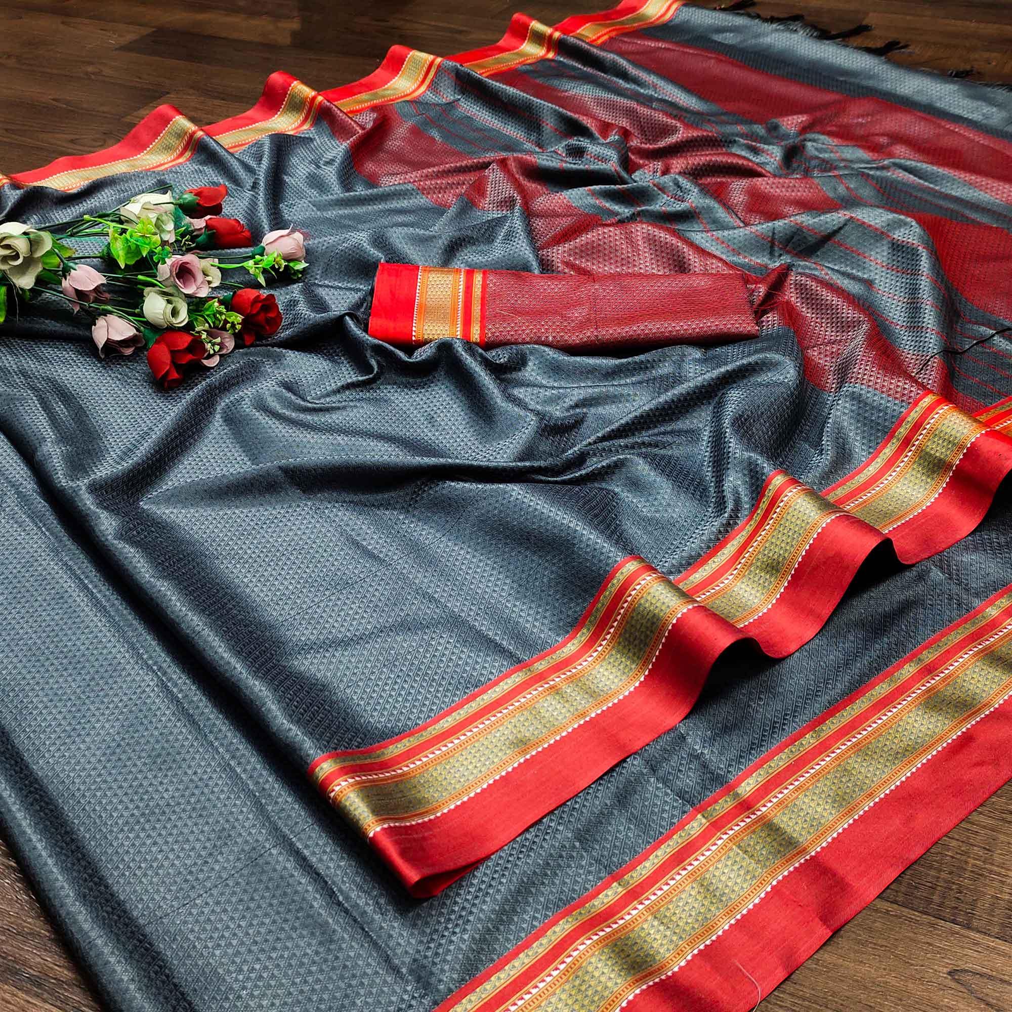 Grey Casual Wear Woven Designer Khan Art Silk Saree - Peachmode