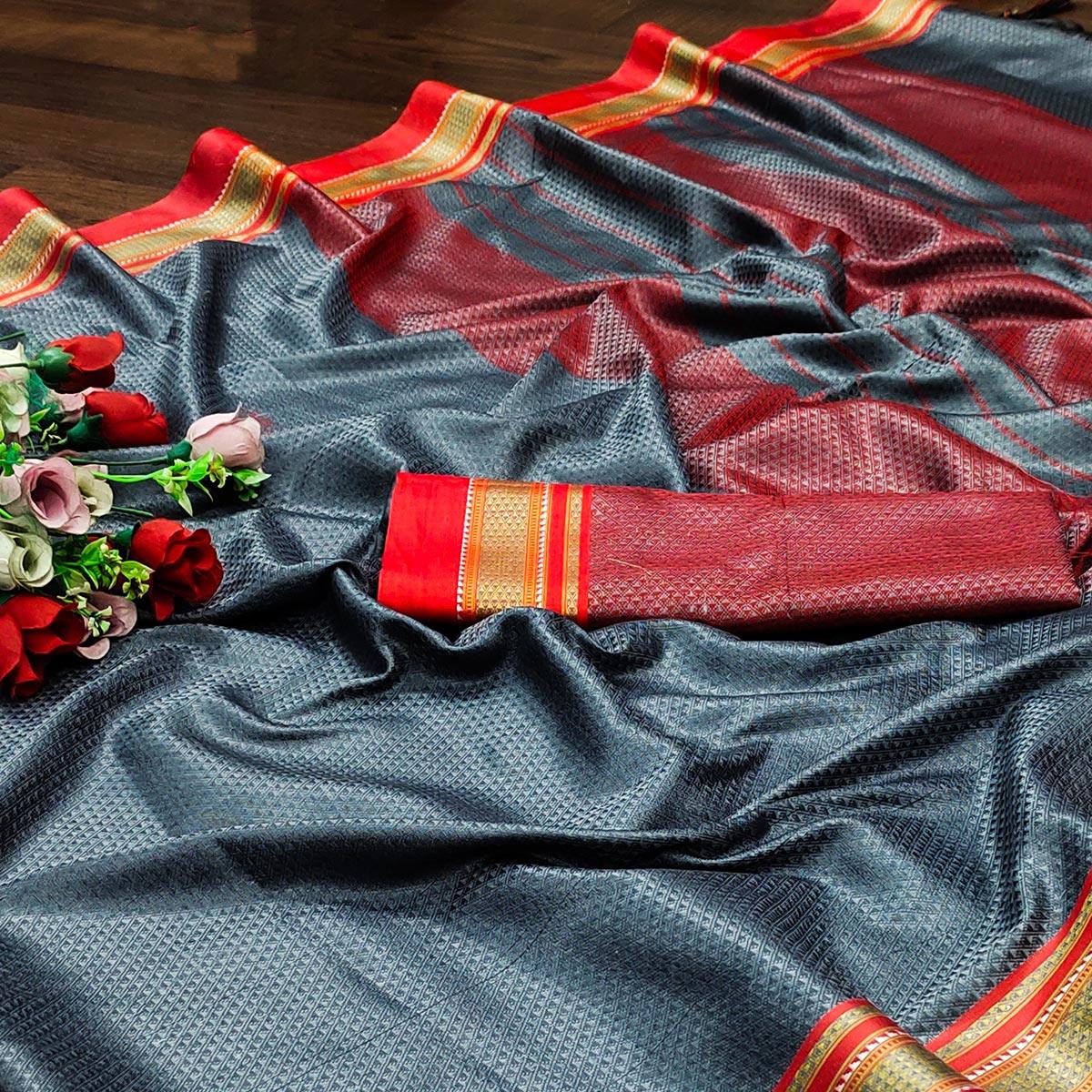 Grey Casual Wear Woven Designer Khan Art Silk Saree - Peachmode