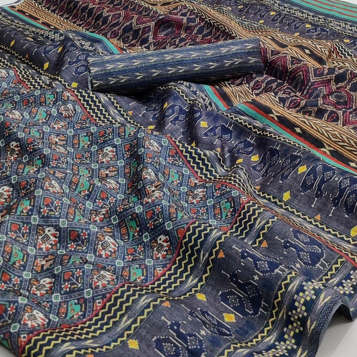 Grey Checked Printed Pure Cotton Saree - Peachmode