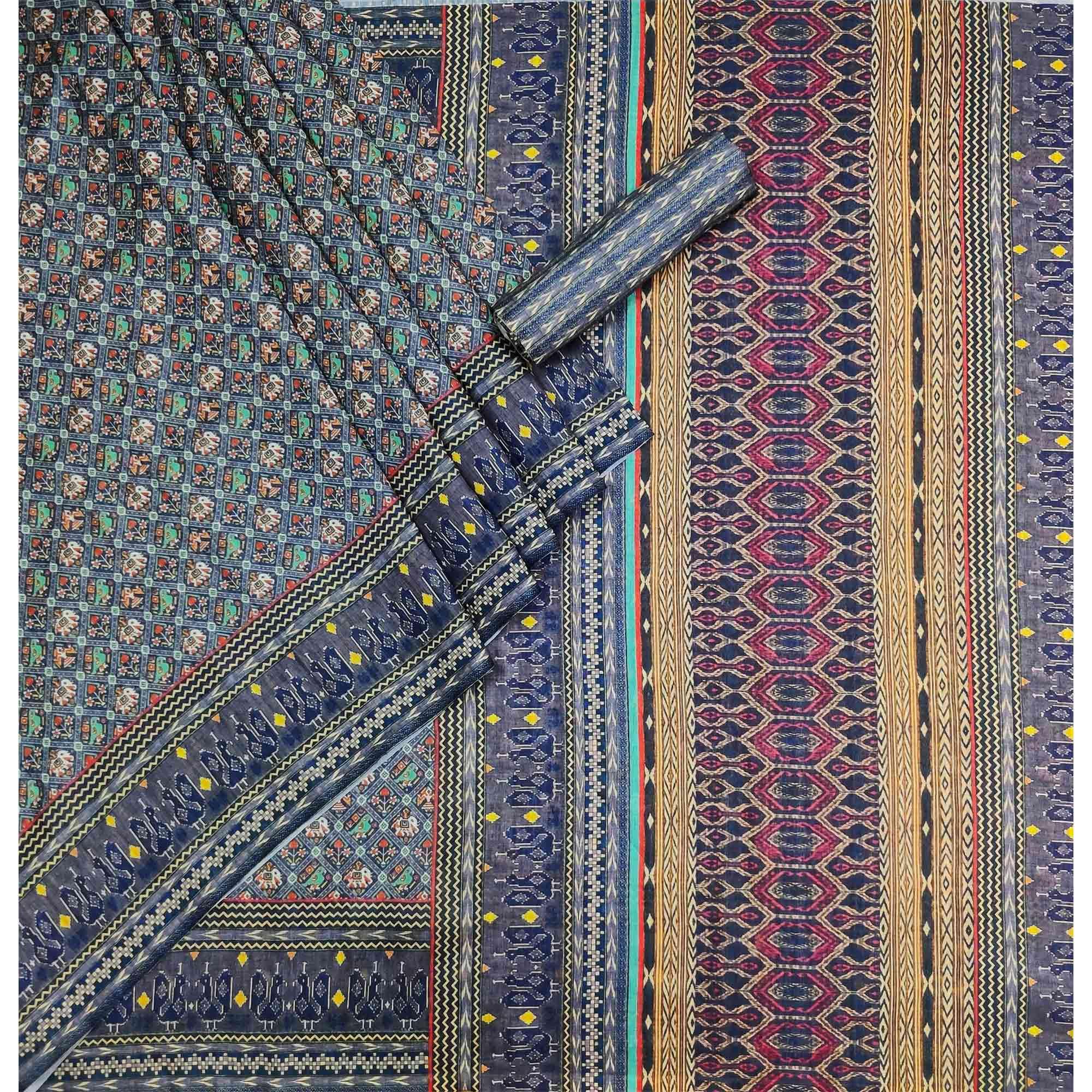 Grey Checked Printed Pure Cotton Saree - Peachmode