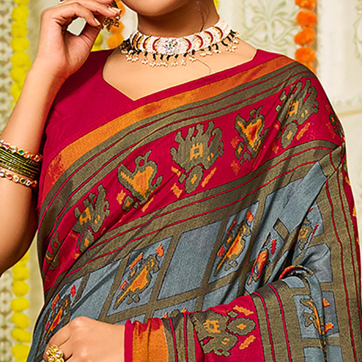 Grey Checks Printed Brasso Saree With Tassels - Peachmode