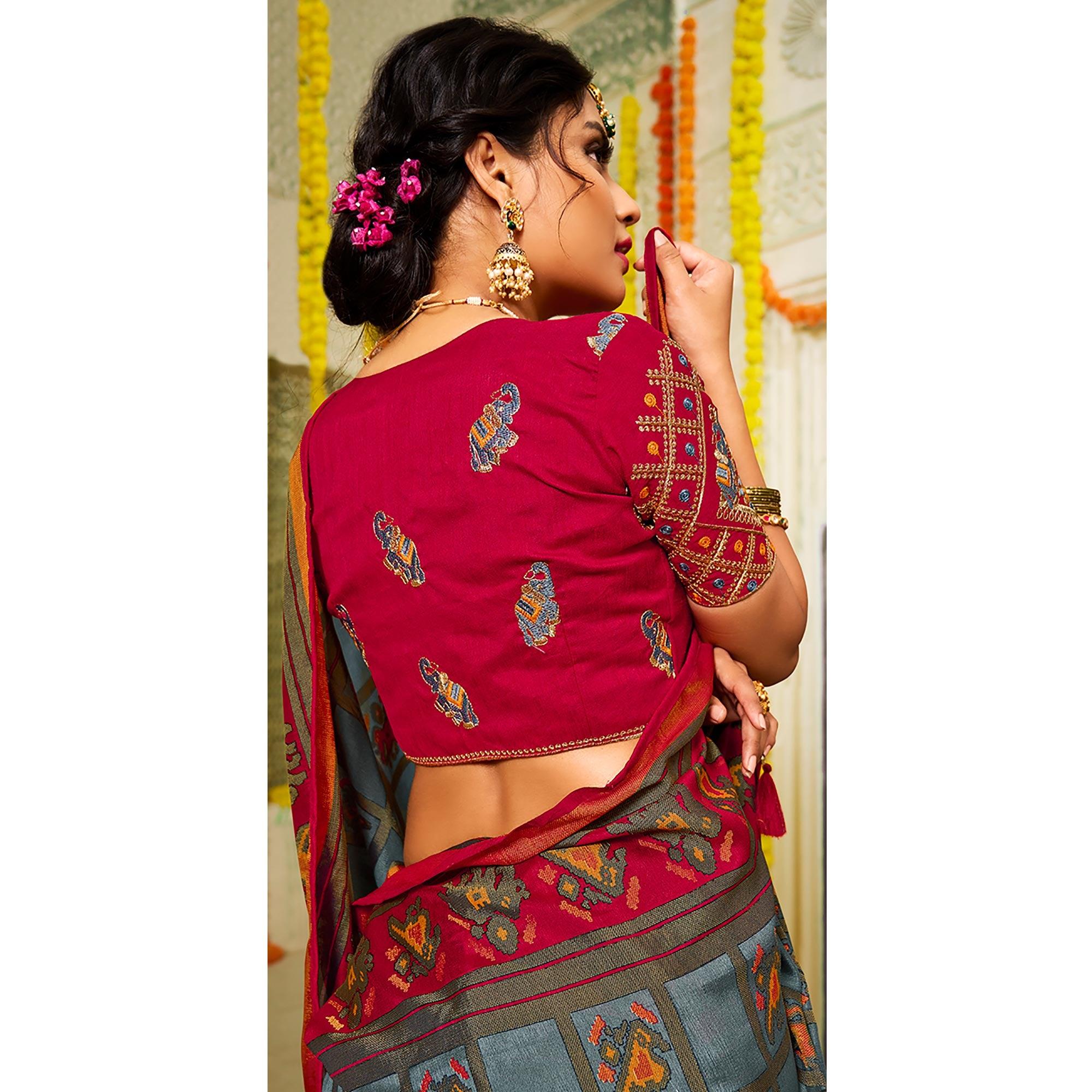 Grey Checks Printed Brasso Saree With Tassels - Peachmode
