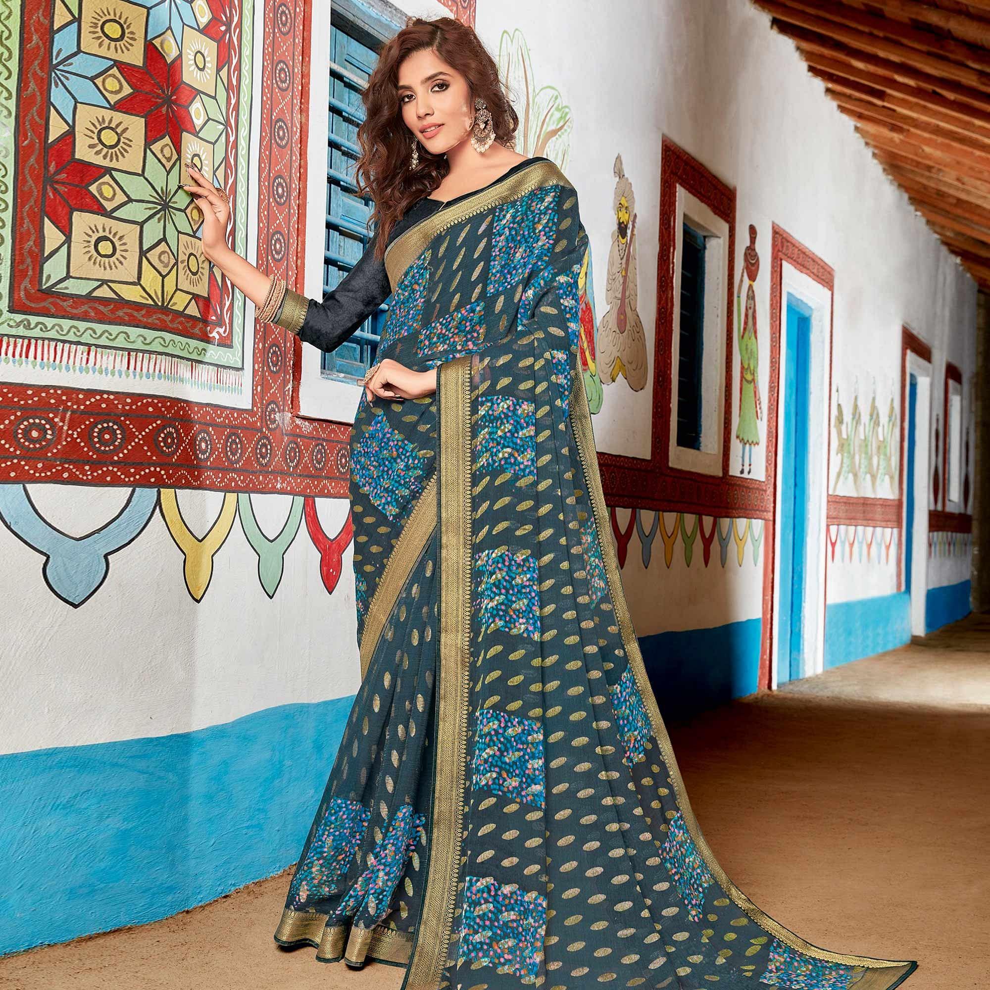 Grey Coloured Partywear Printed Brasso Saree - Peachmode