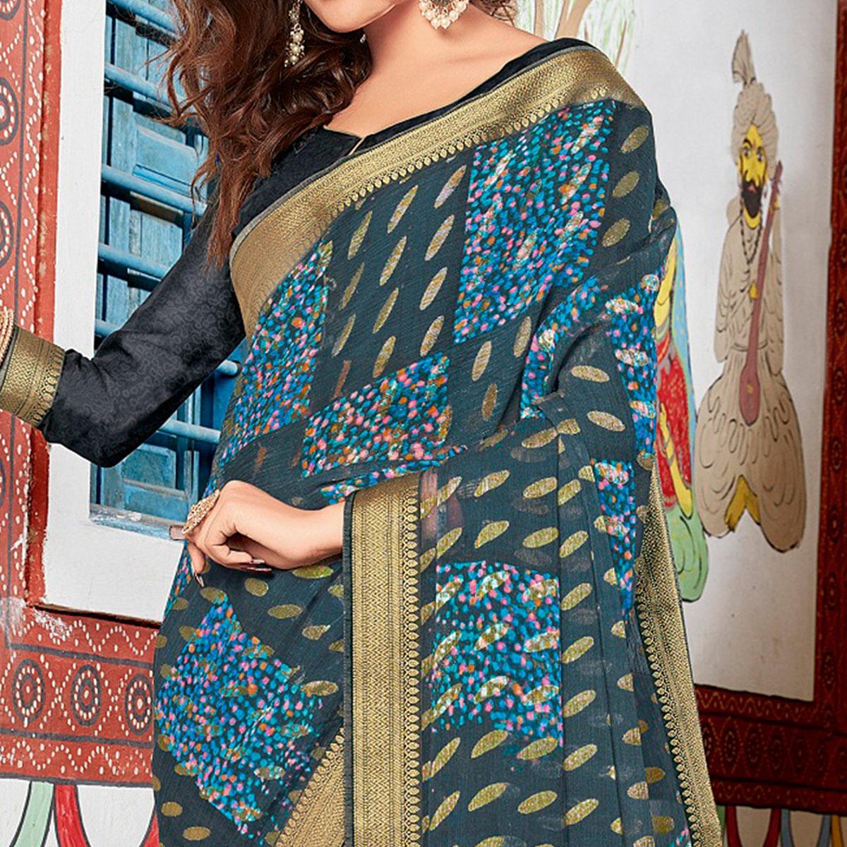 Grey Coloured Partywear Printed Brasso Saree - Peachmode