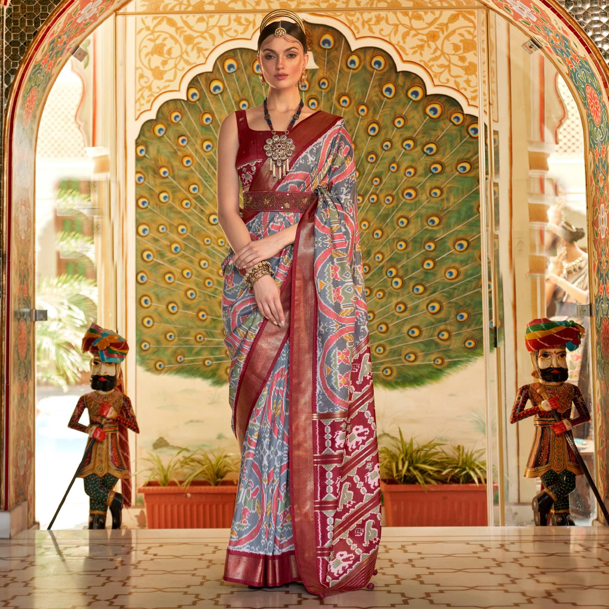 Grey Digital Patola Printed Silk Saree - Peachmode