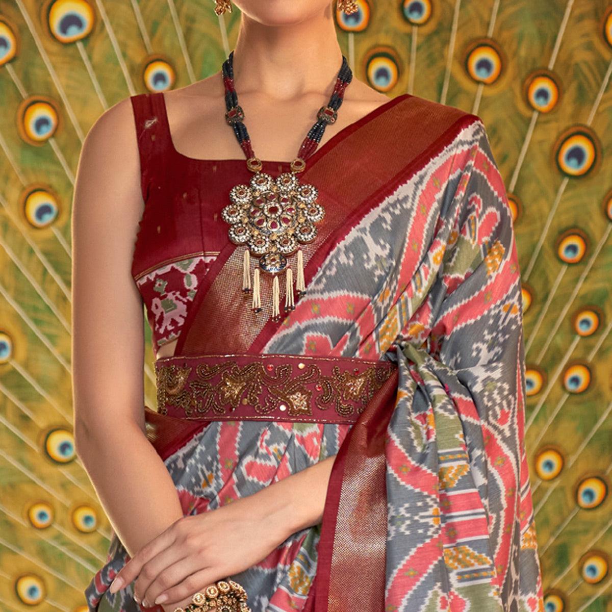 Grey Digital Patola Printed Silk Saree - Peachmode