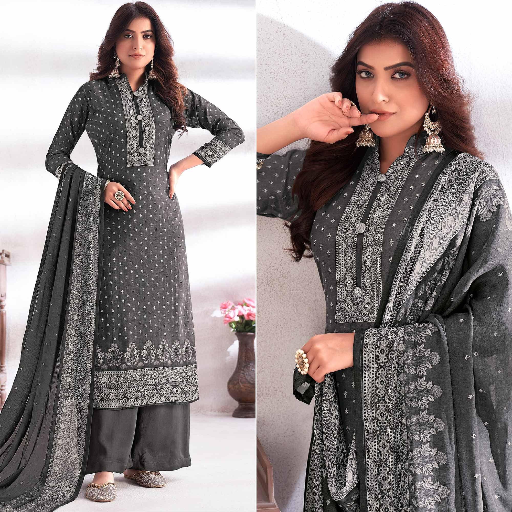 Grey Digital Printed & Hand Work Cotton Silk Suit - Peachmode