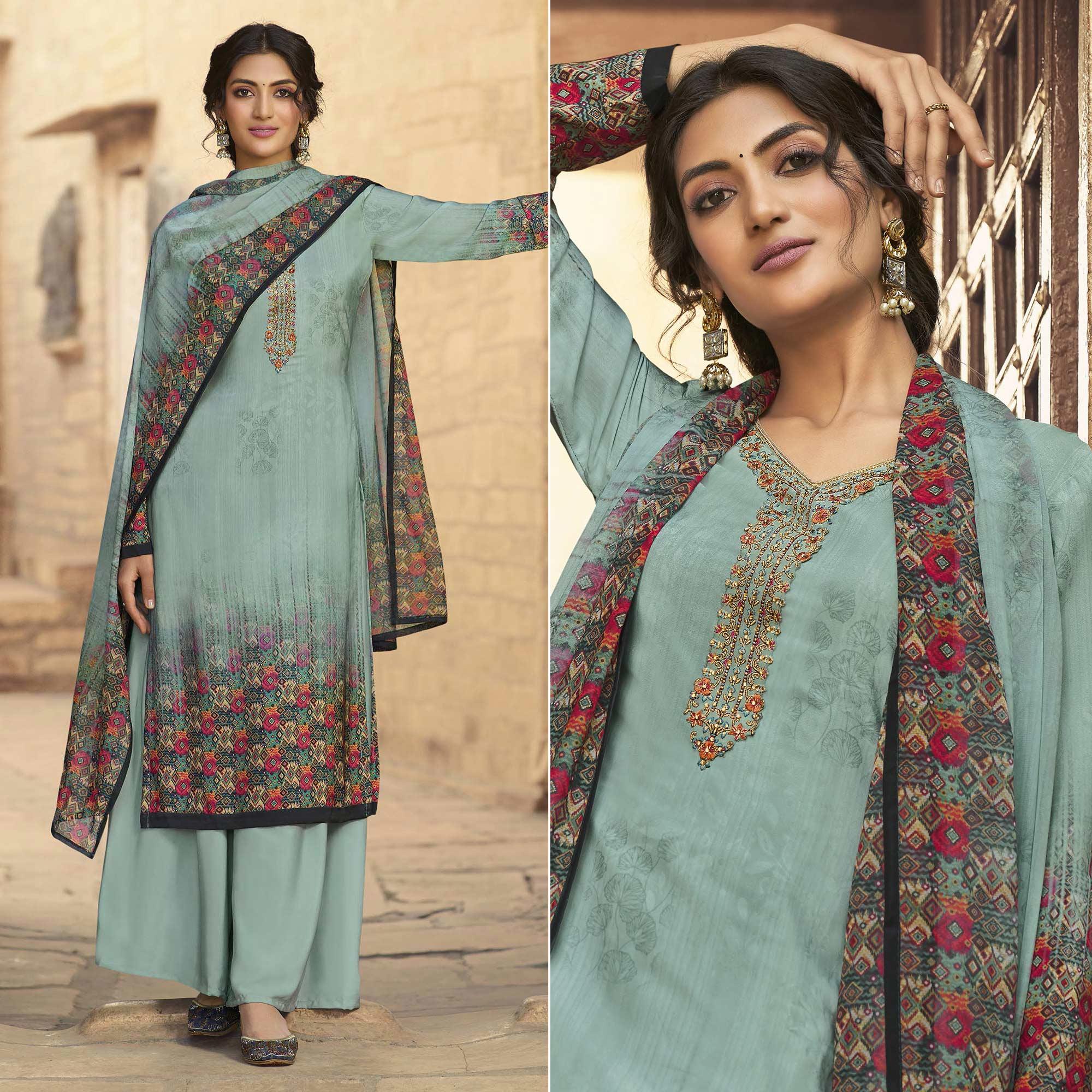 Grey Digital Printed Art Silk Palazzo Suit - Peachmode