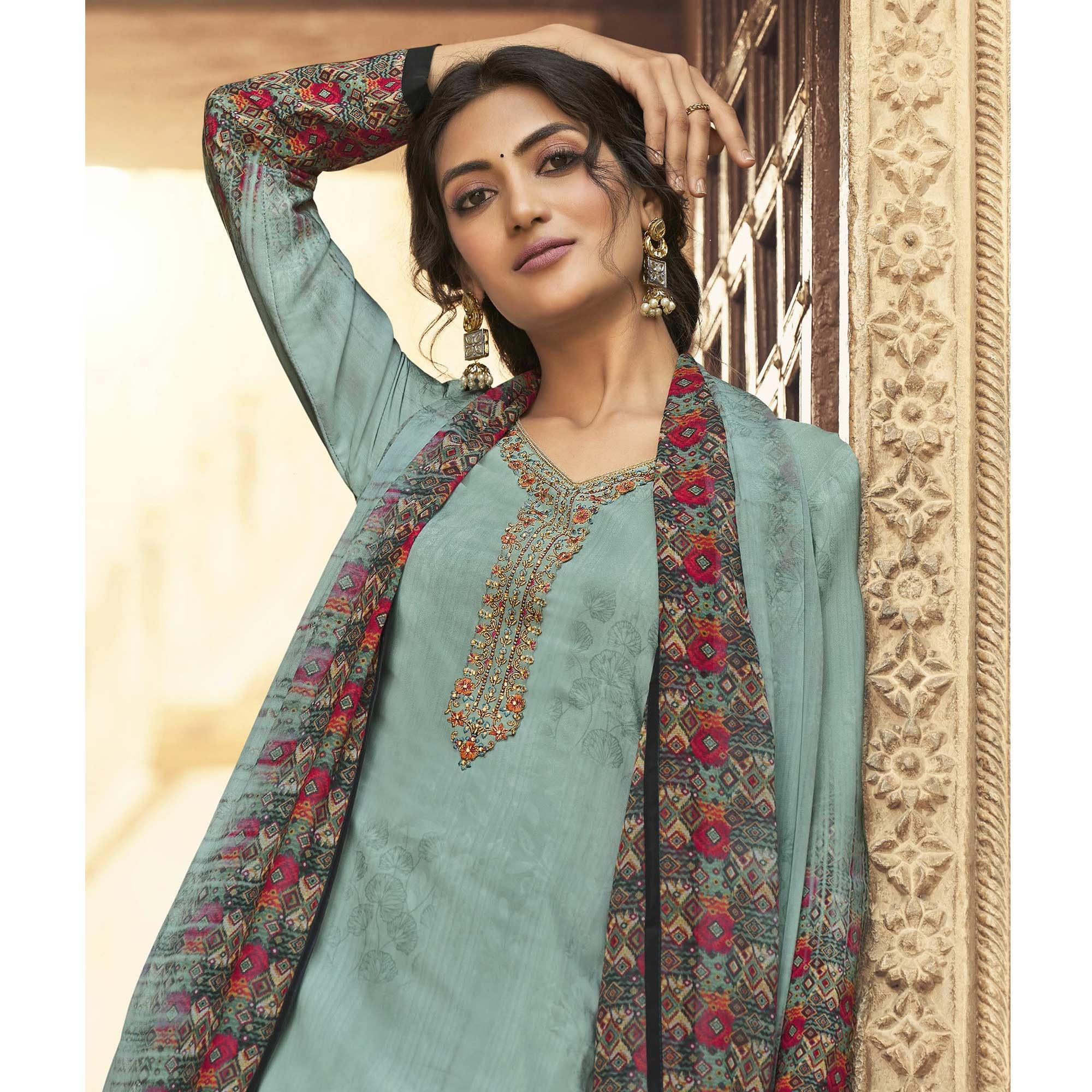 Grey Digital Printed Art Silk Palazzo Suit - Peachmode