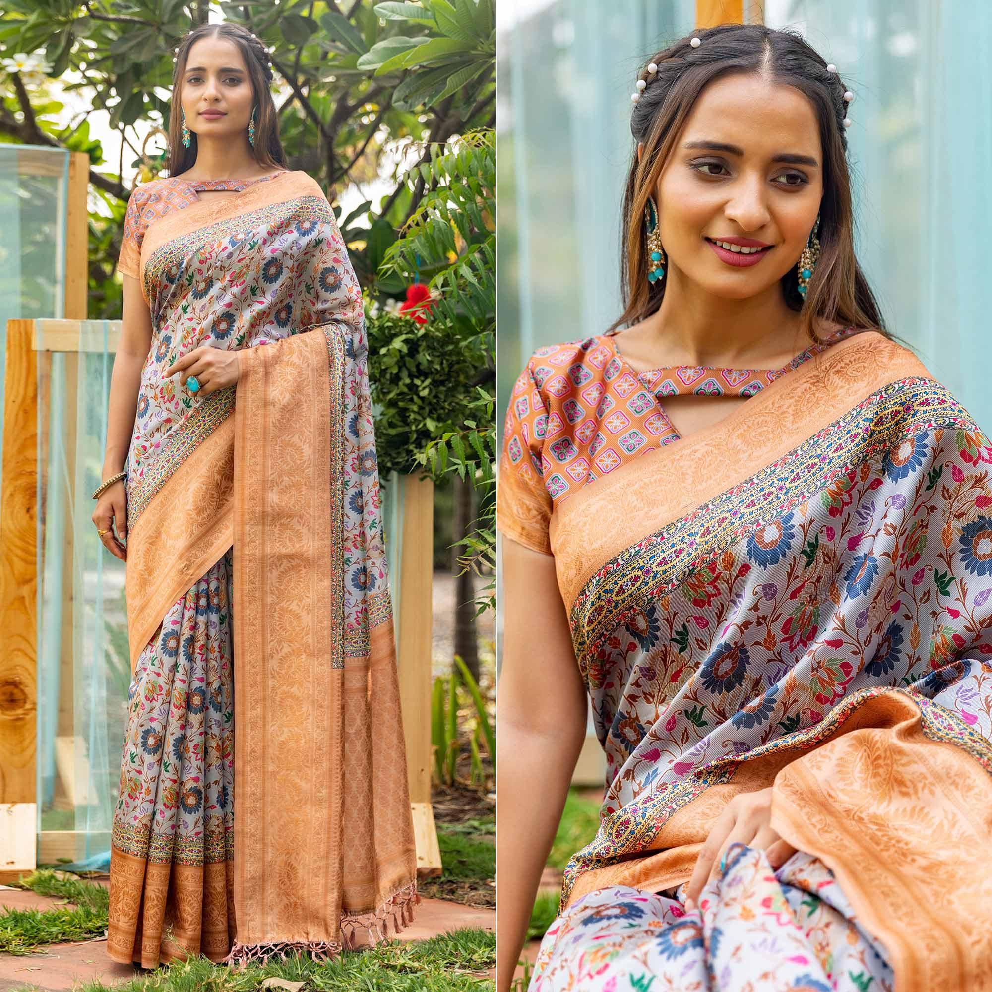 Grey Digital Printed Art Silk Saree - Peachmode