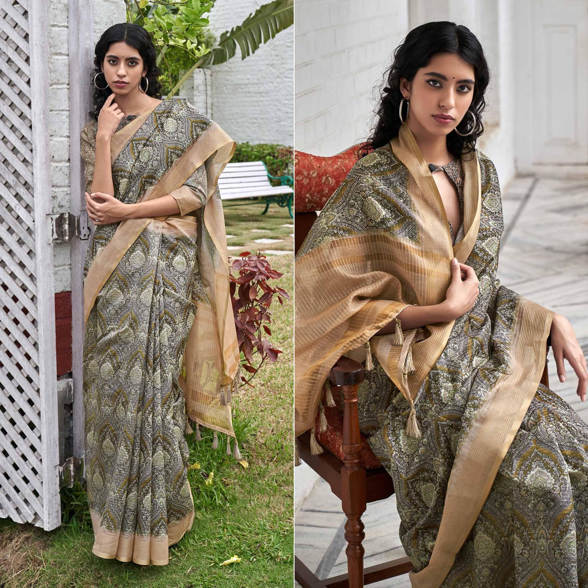 Grey Digital Printed Art Silk Saree - Peachmode