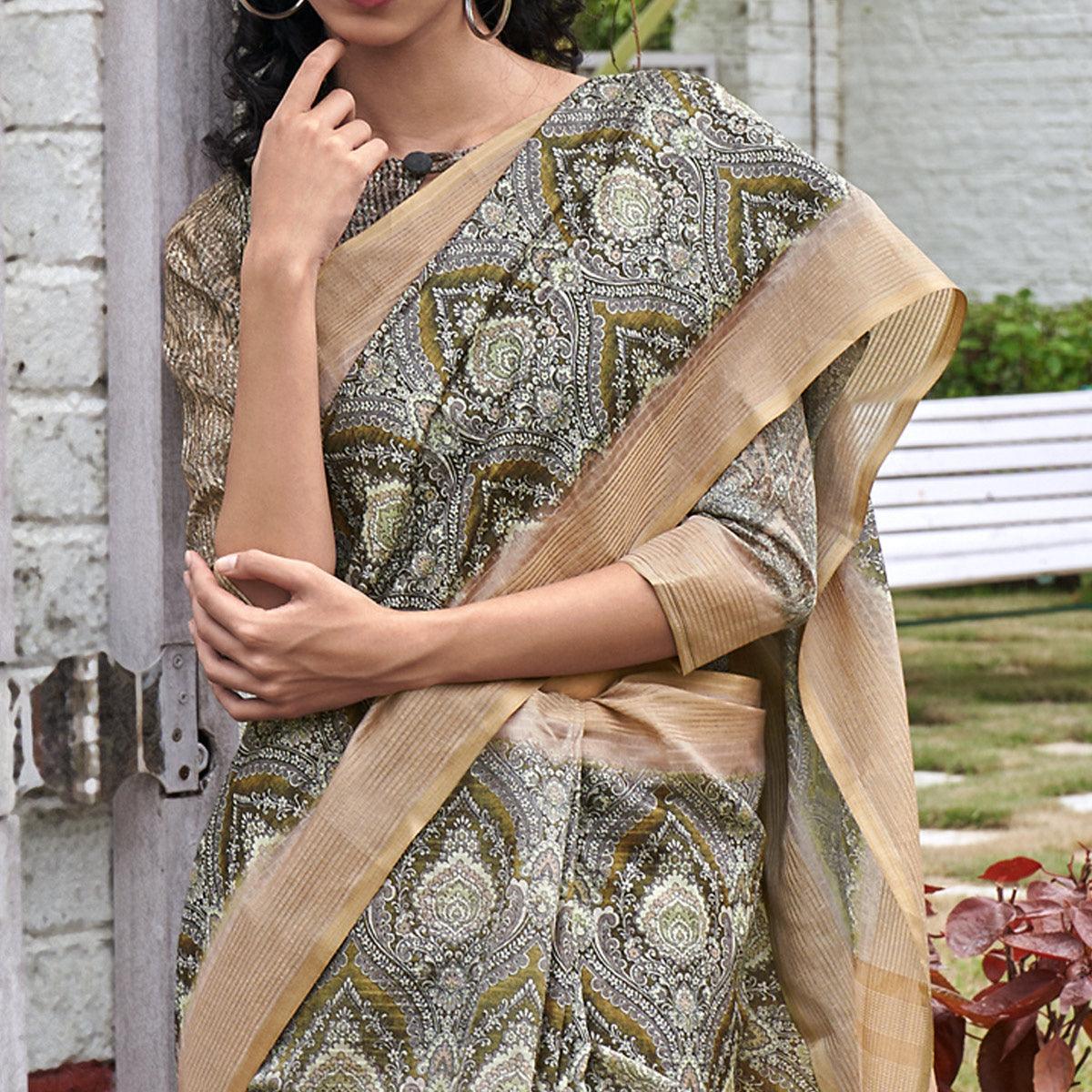 Grey Digital Printed Art Silk Saree - Peachmode