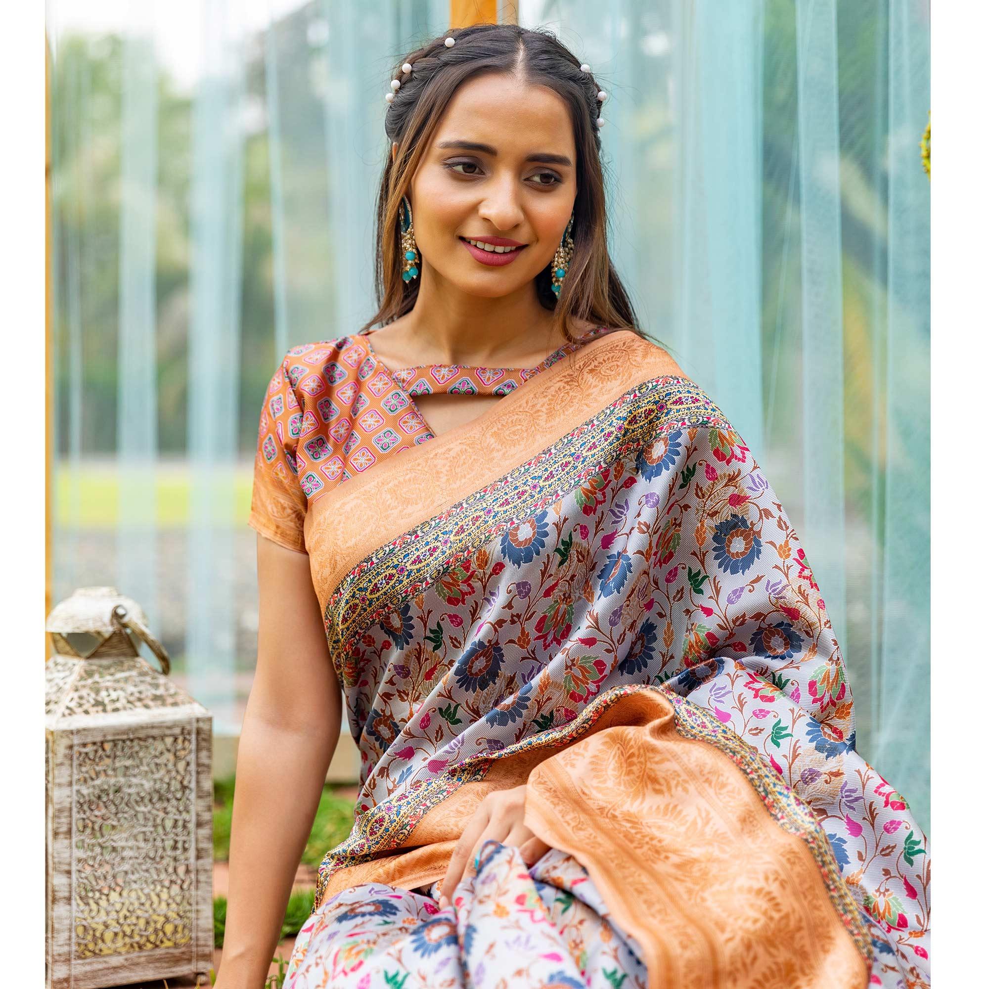 Grey Digital Printed Art Silk Saree - Peachmode