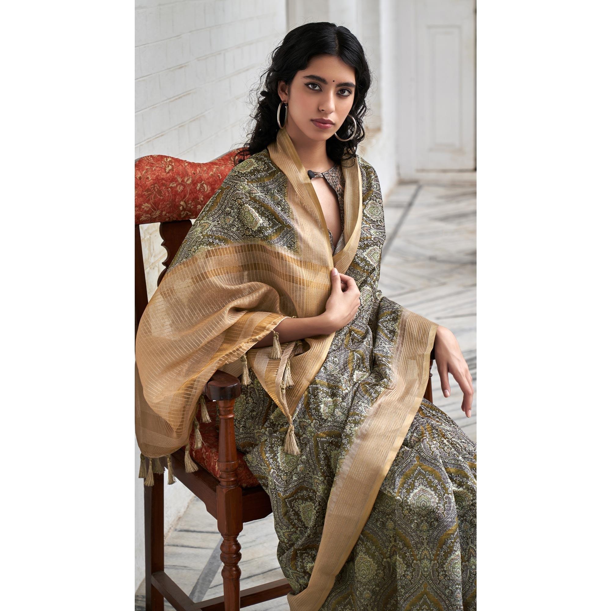 Grey Digital Printed Art Silk Saree - Peachmode