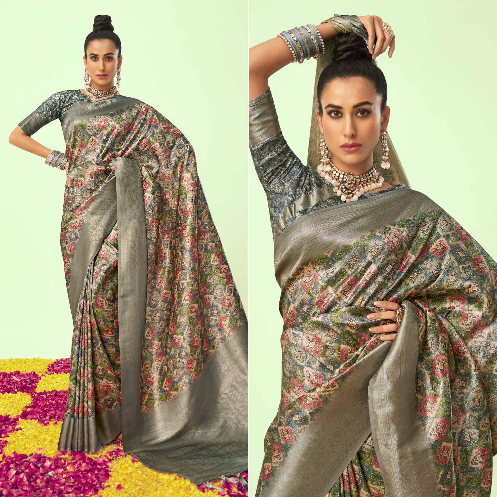 Grey Digital Printed Art Silk Saree With Tassels - Peachmode