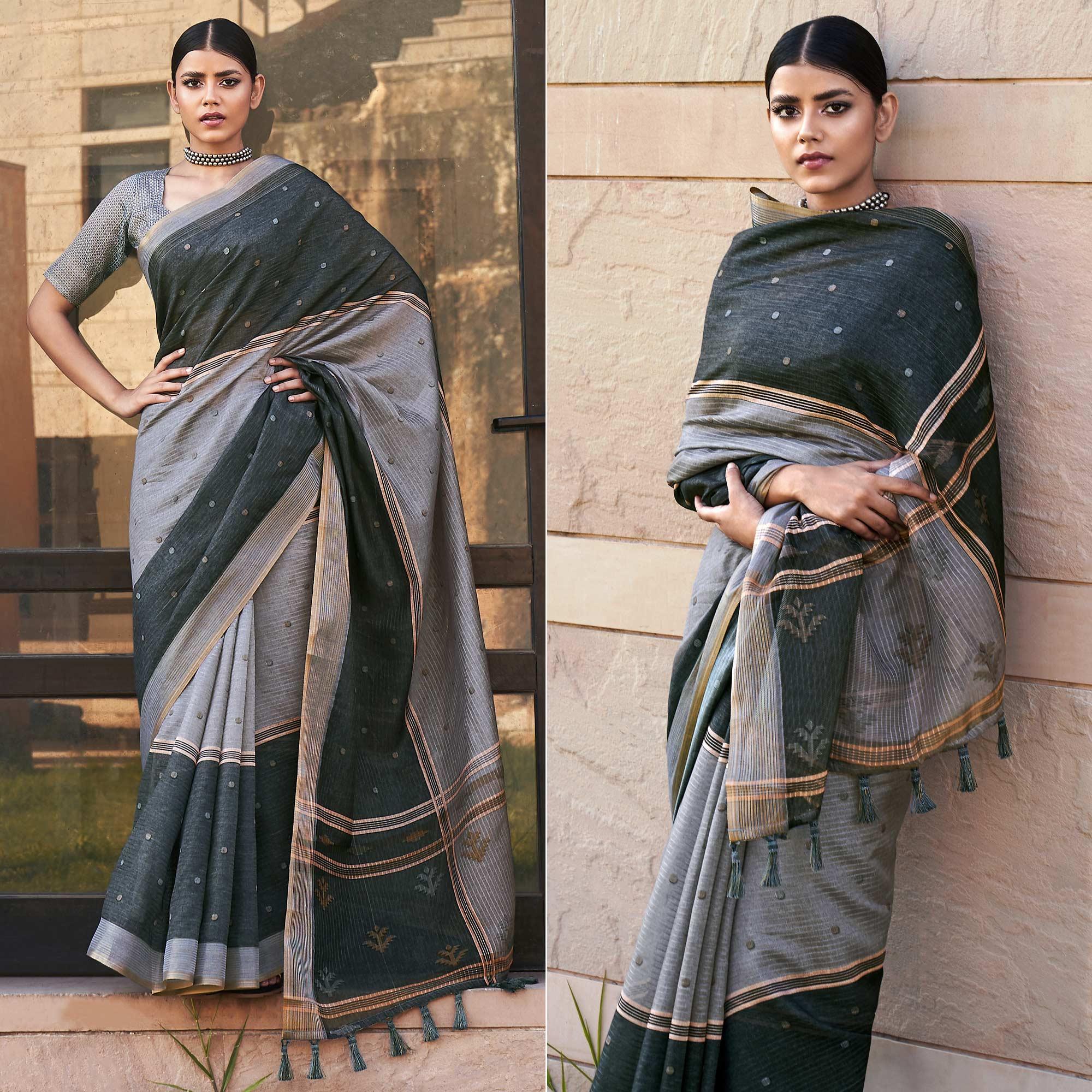 Grey Digital Printed Art Silk Saree With Tassels - Peachmode