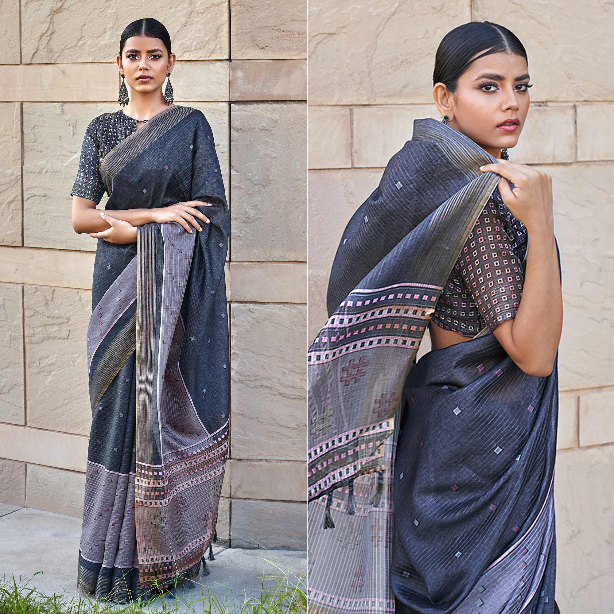 Grey Digital Printed Art Silk Saree With Tassels - Peachmode