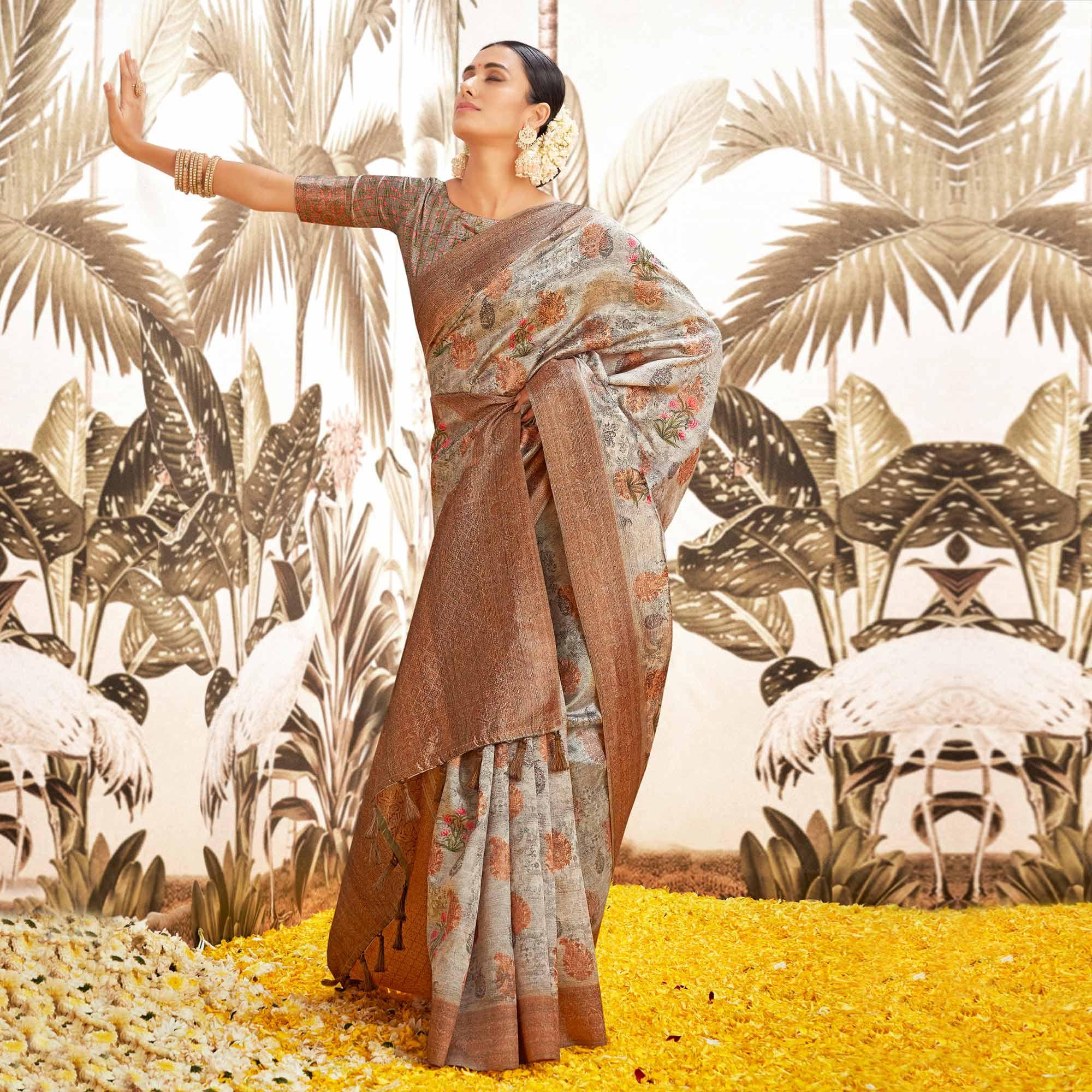 Grey Digital Printed Art Silk Saree With Tassels - Peachmode