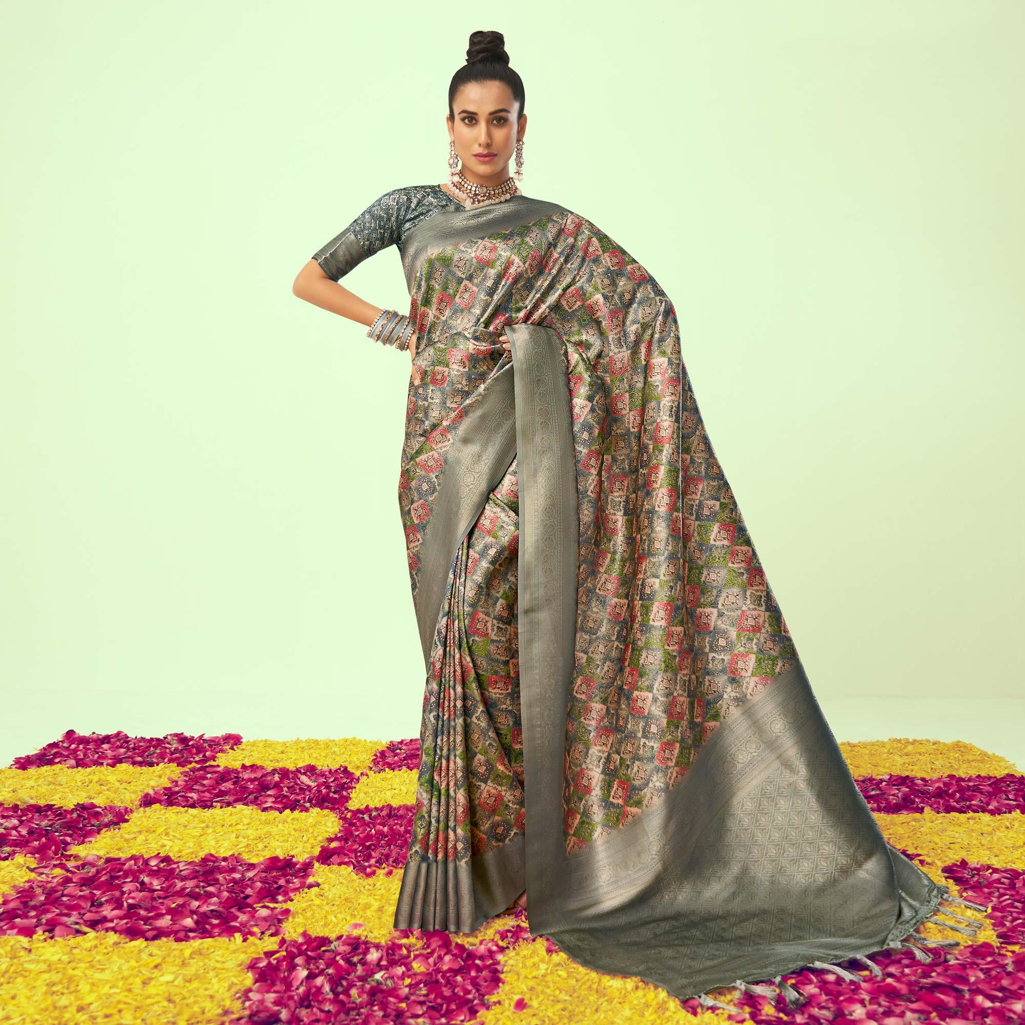 Grey Digital Printed Art Silk Saree With Tassels - Peachmode