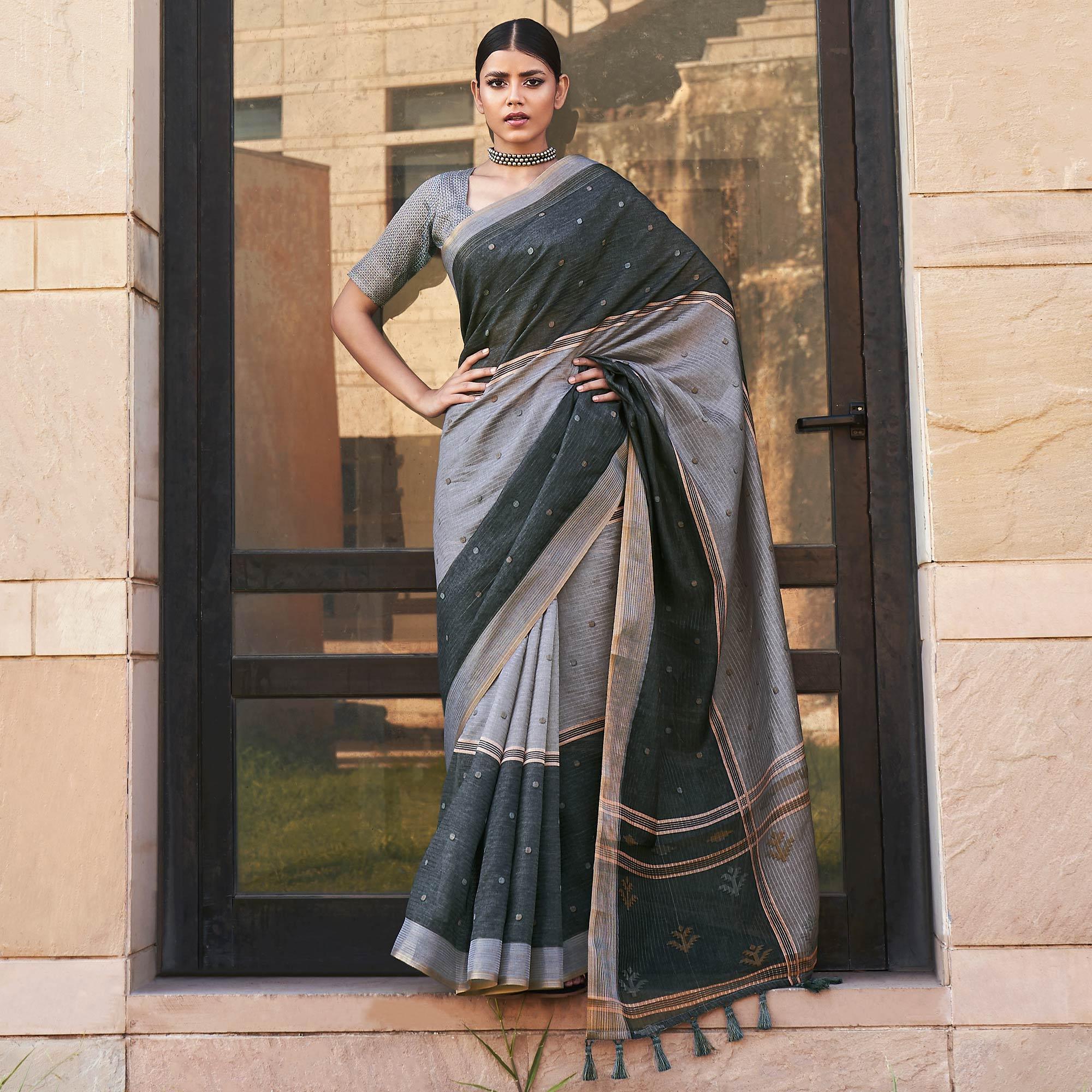 Grey Digital Printed Art Silk Saree With Tassels - Peachmode