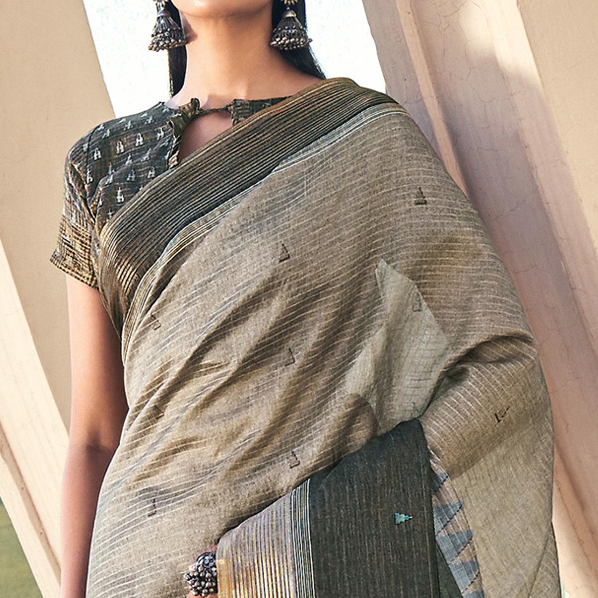 Grey Digital Printed Art Silk Saree With Tassels - Peachmode