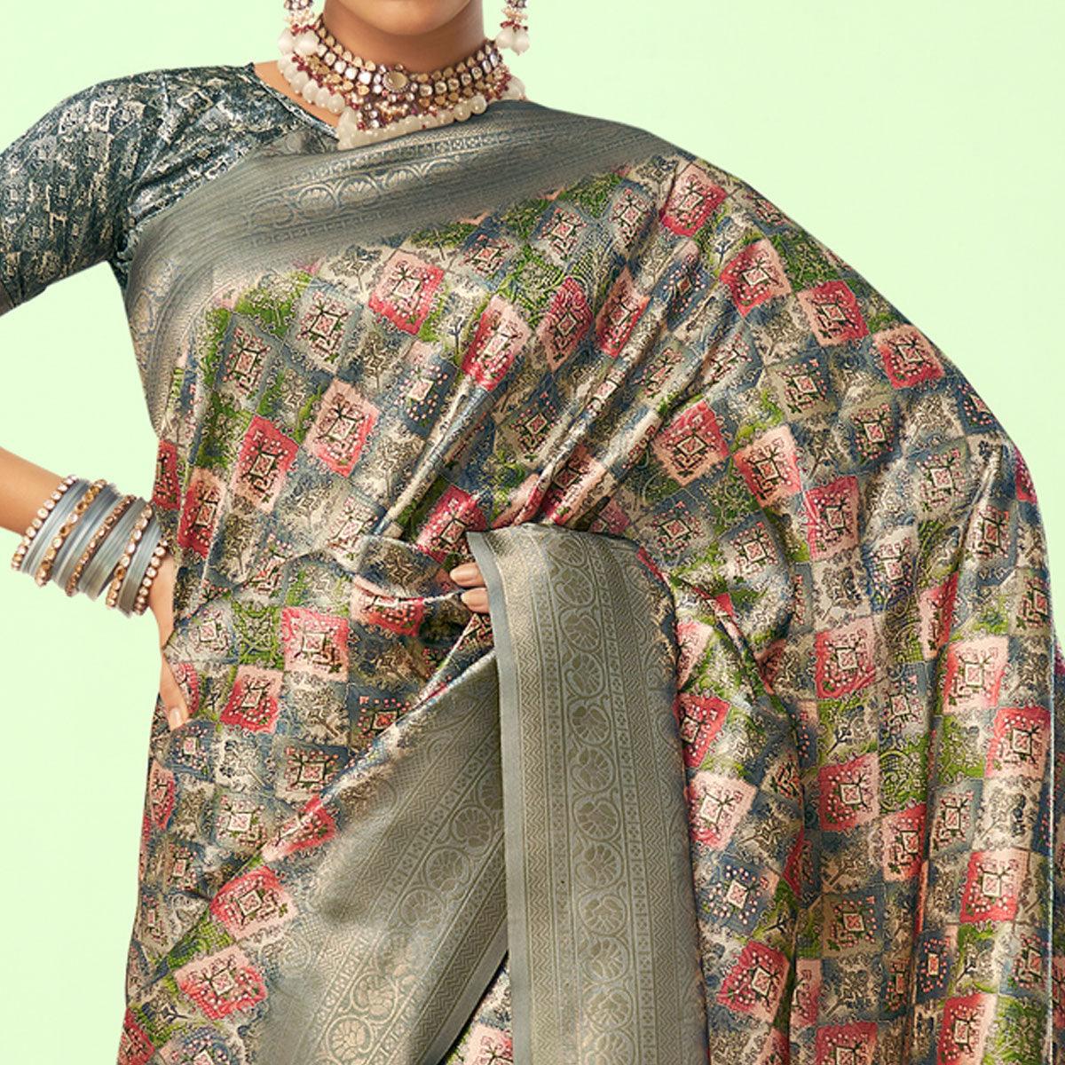 Grey Digital Printed Art Silk Saree With Tassels - Peachmode