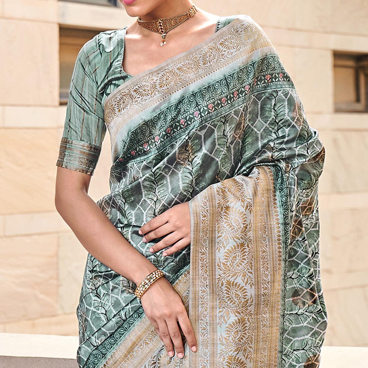 Grey Digital Printed Art Silk Saree With Tassels - Peachmode