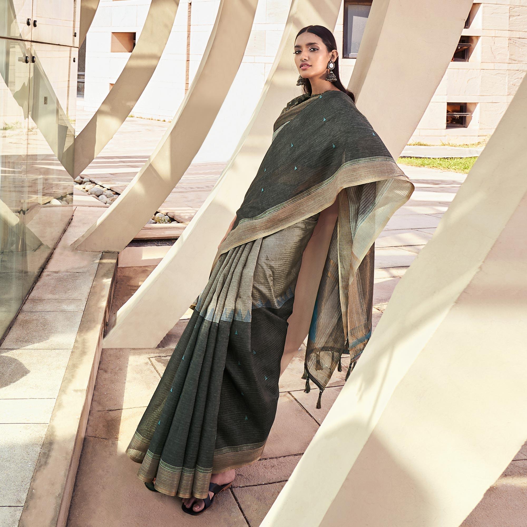 Grey Digital Printed Art Silk Saree With Tassels - Peachmode