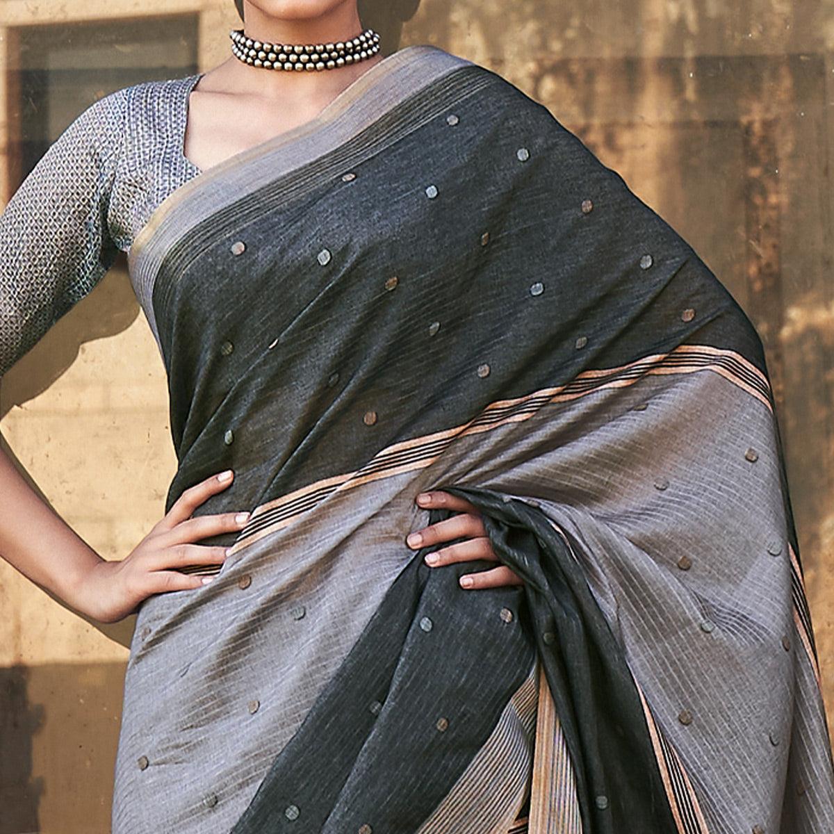 Grey Digital Printed Art Silk Saree With Tassels - Peachmode