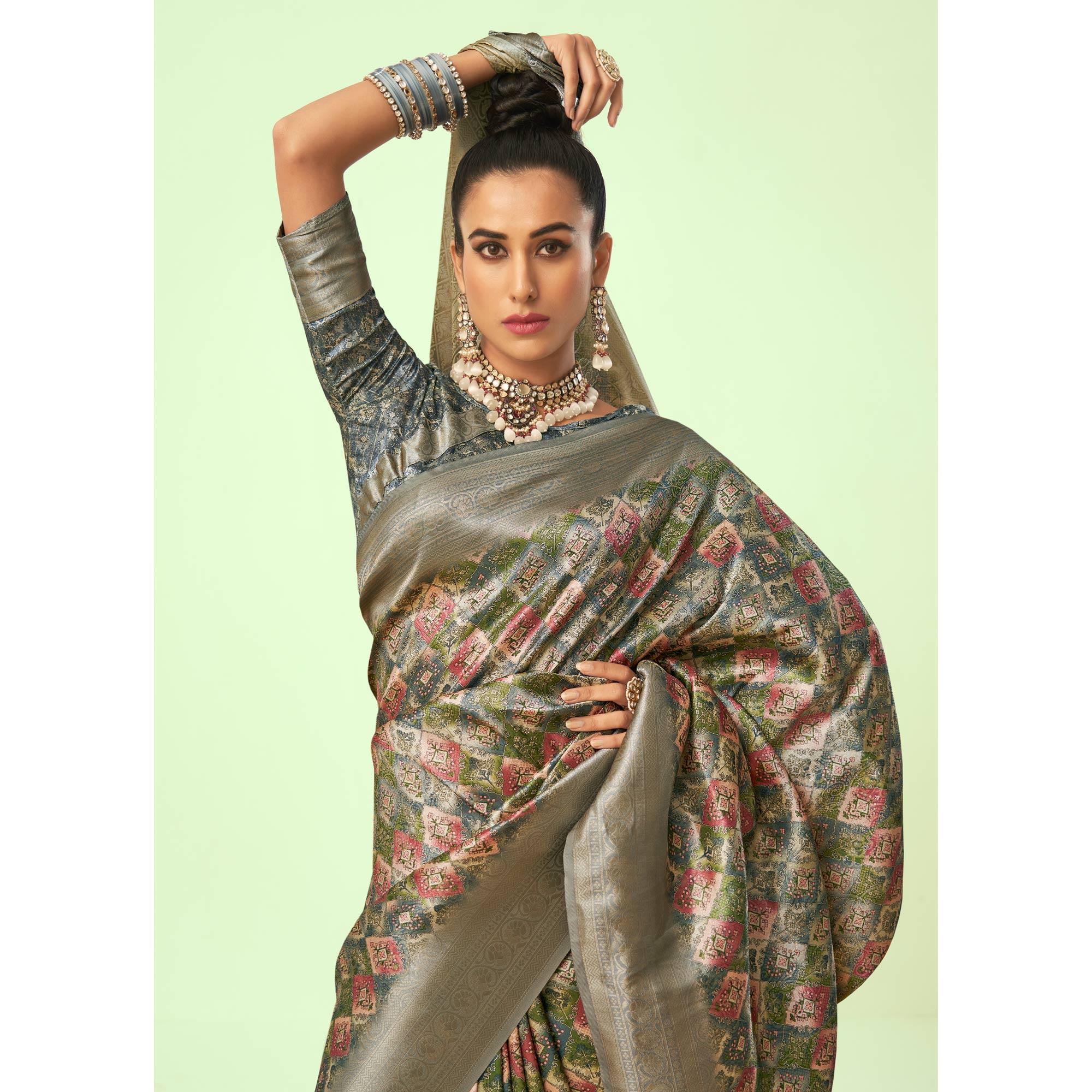 Grey Digital Printed Art Silk Saree With Tassels - Peachmode