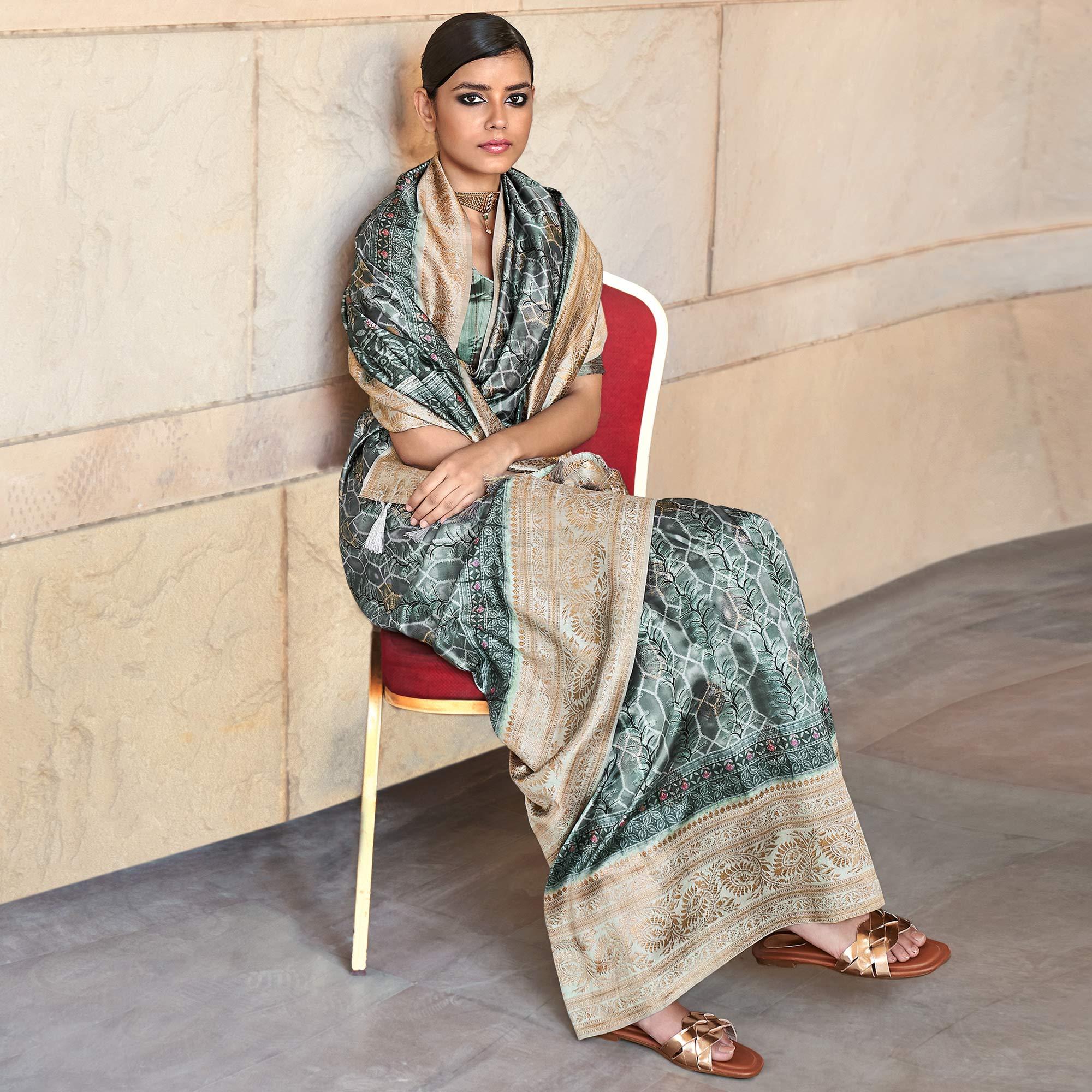 Grey Digital Printed Art Silk Saree With Tassels - Peachmode
