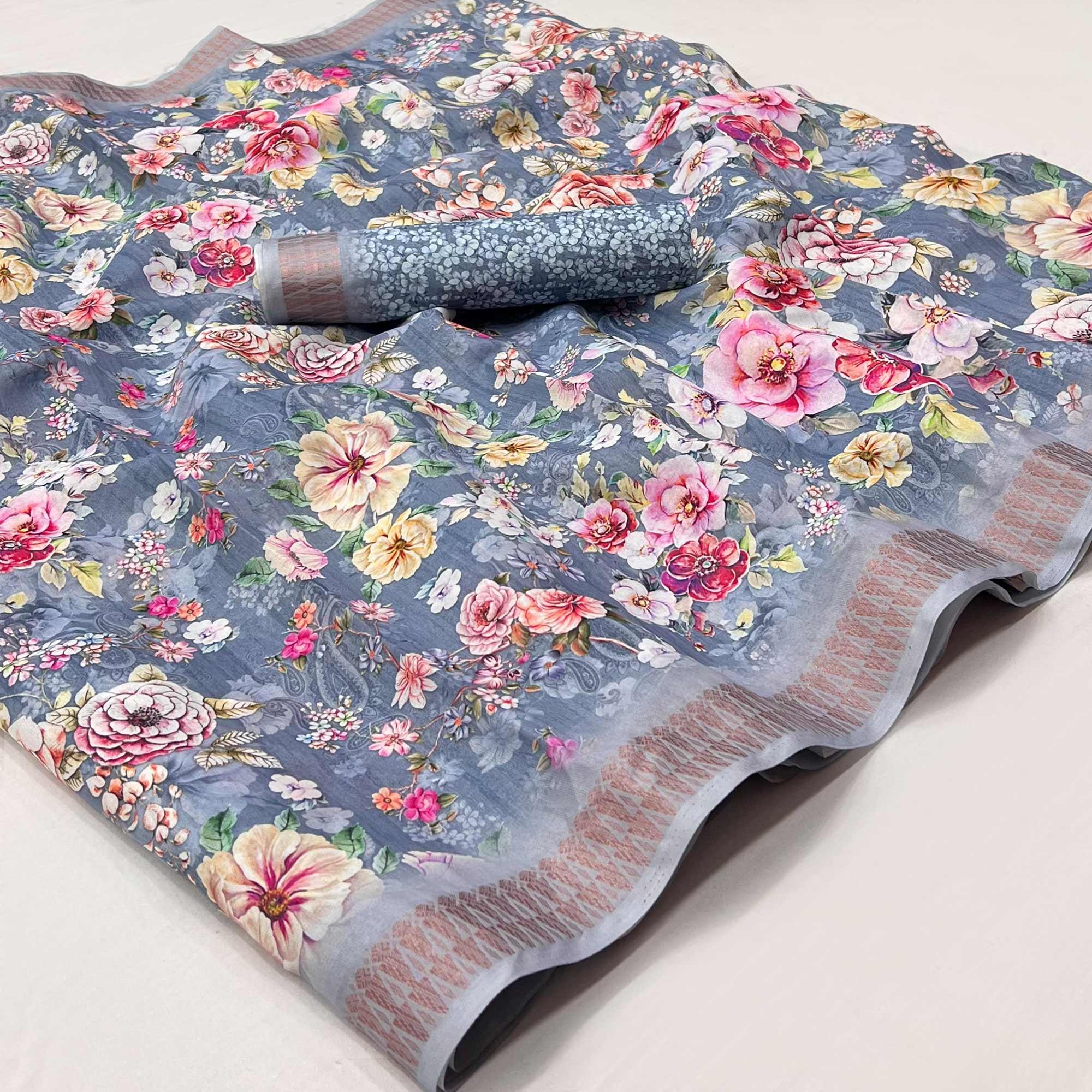 Grey Digital Printed Cotton Silk Saree - Peachmode