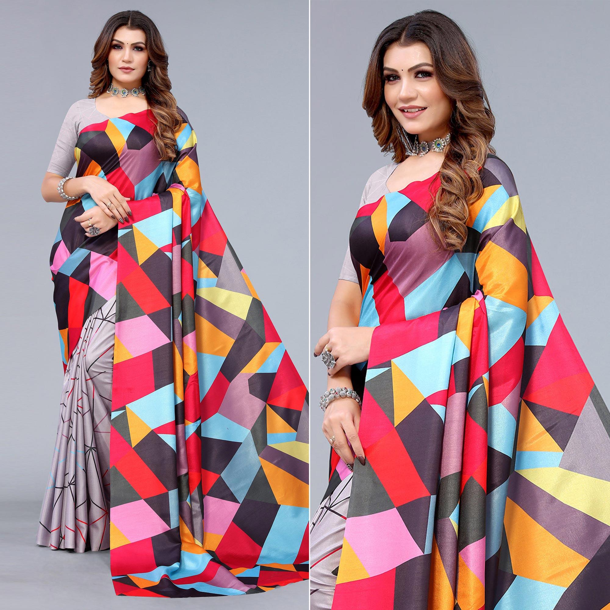 Grey Digital Printed Dola Silk Half and Half Saree - Peachmode