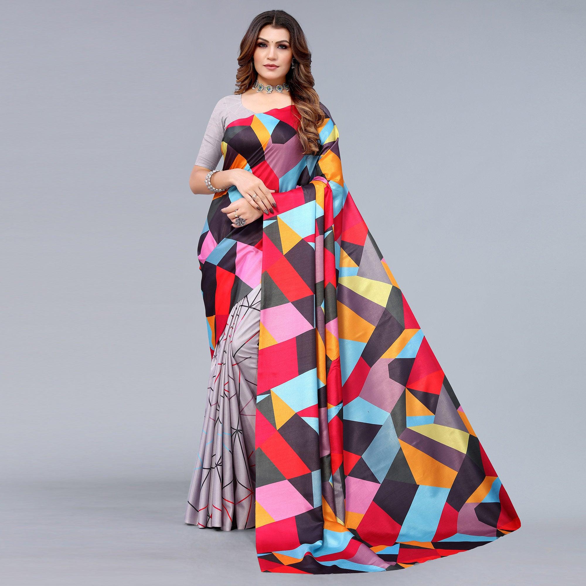 Grey Digital Printed Dola Silk Half and Half Saree - Peachmode