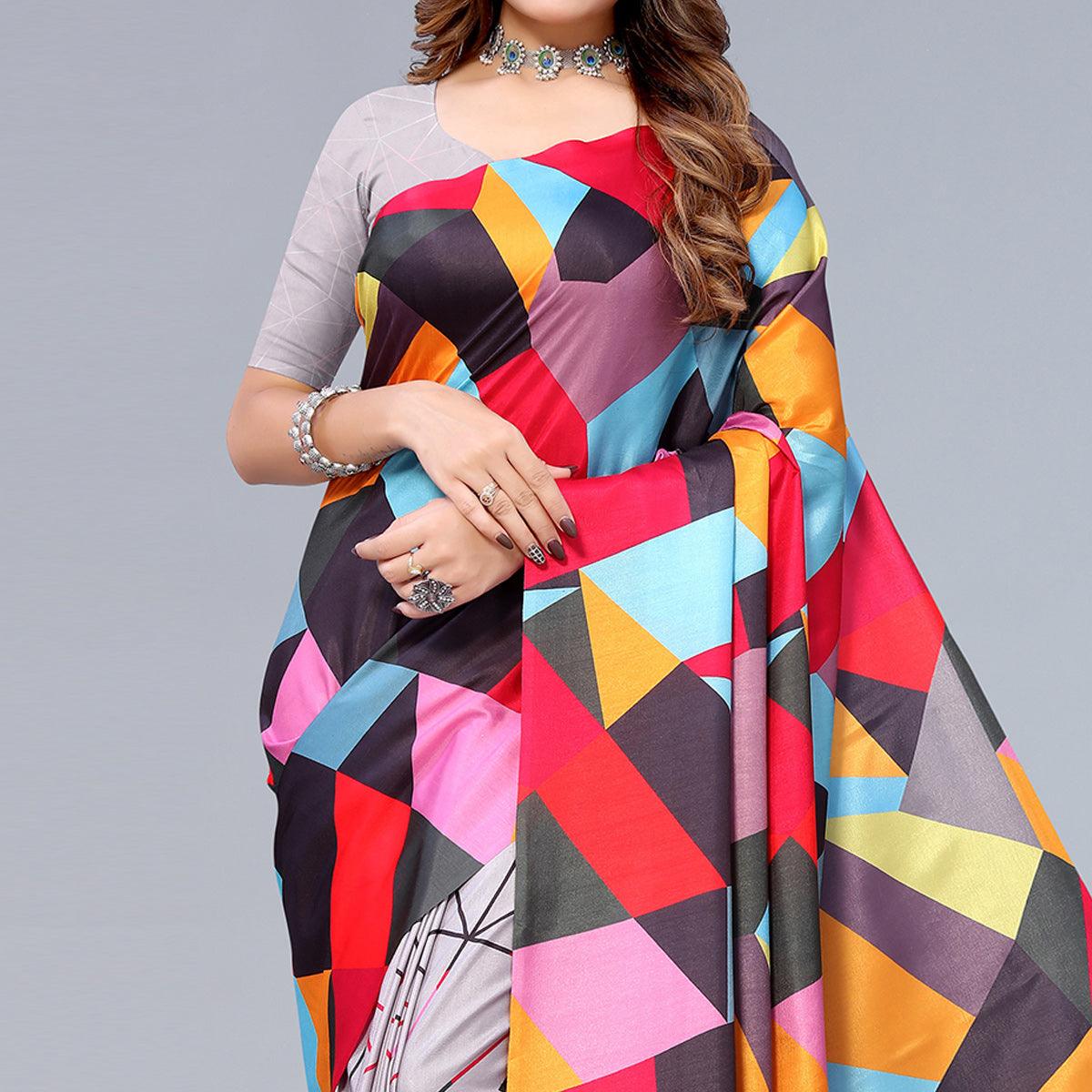Grey Digital Printed Dola Silk Half and Half Saree - Peachmode