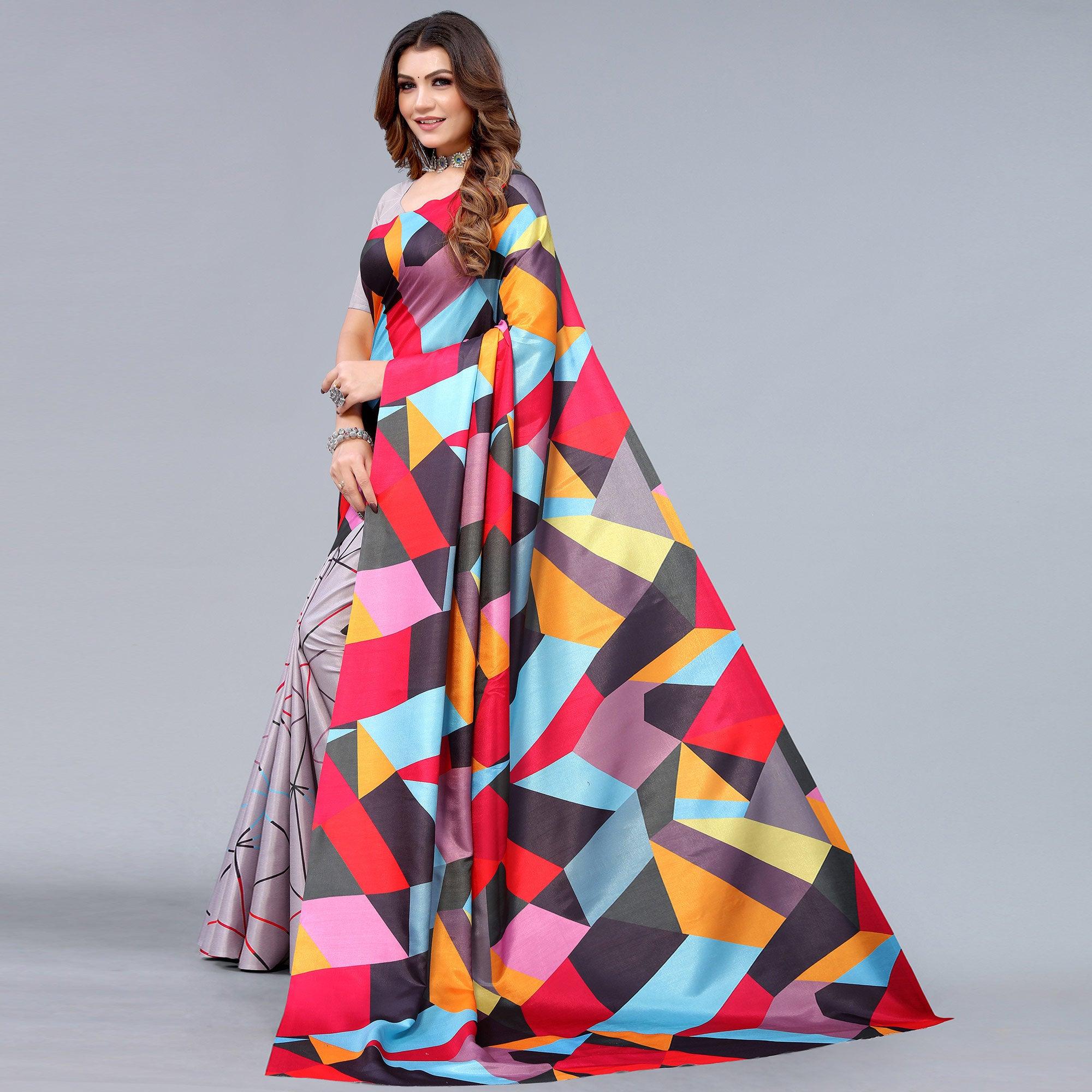 Grey Digital Printed Dola Silk Half and Half Saree - Peachmode