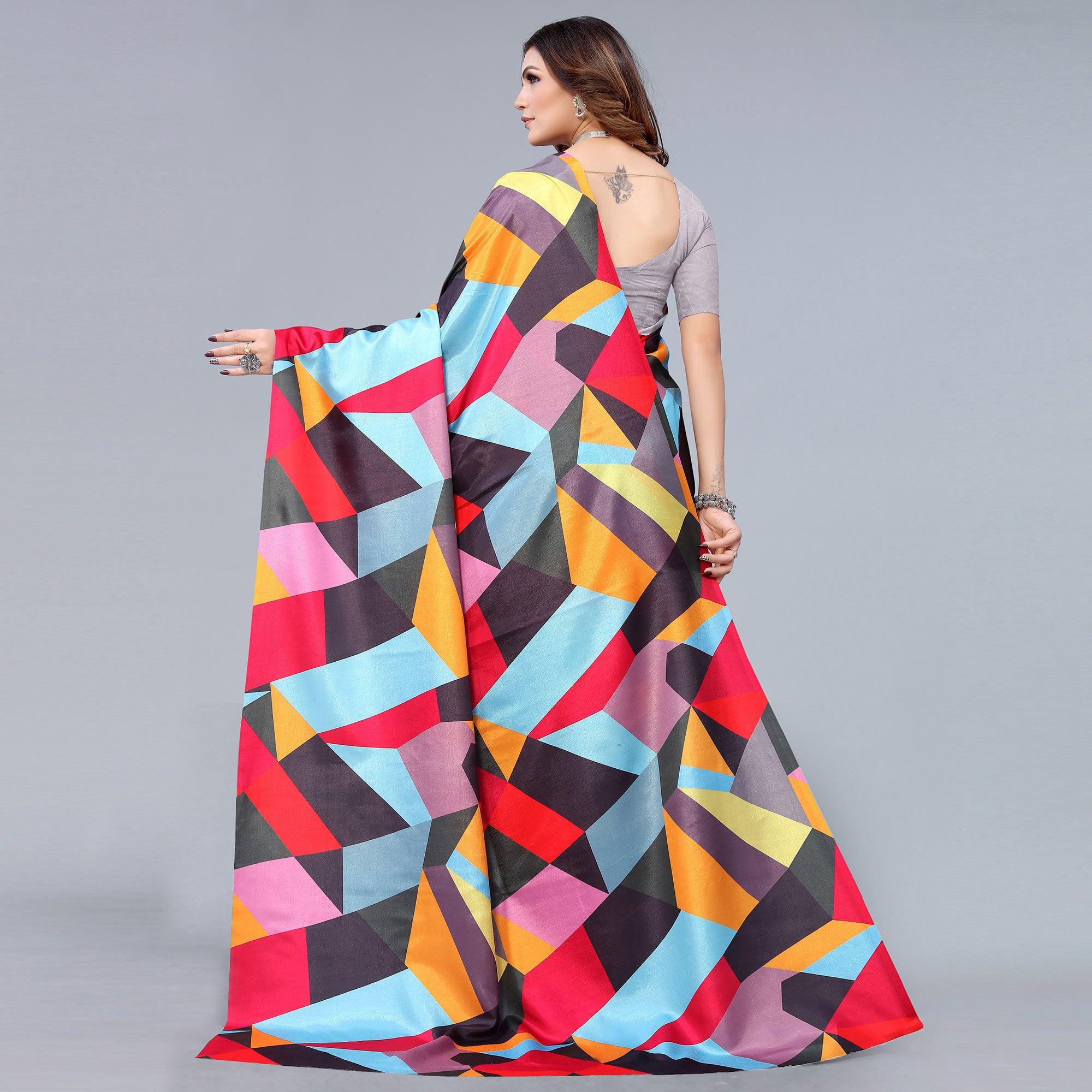 Grey Digital Printed Dola Silk Half and Half Saree - Peachmode